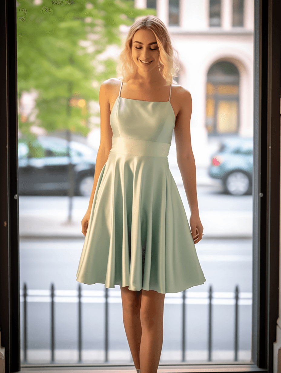 Robe A-Ligne courte en satin à bretelles fines et dos nu #Couleur_Vert sauge Robe A-Ligne courte en satin à bretelles fines et dos nu