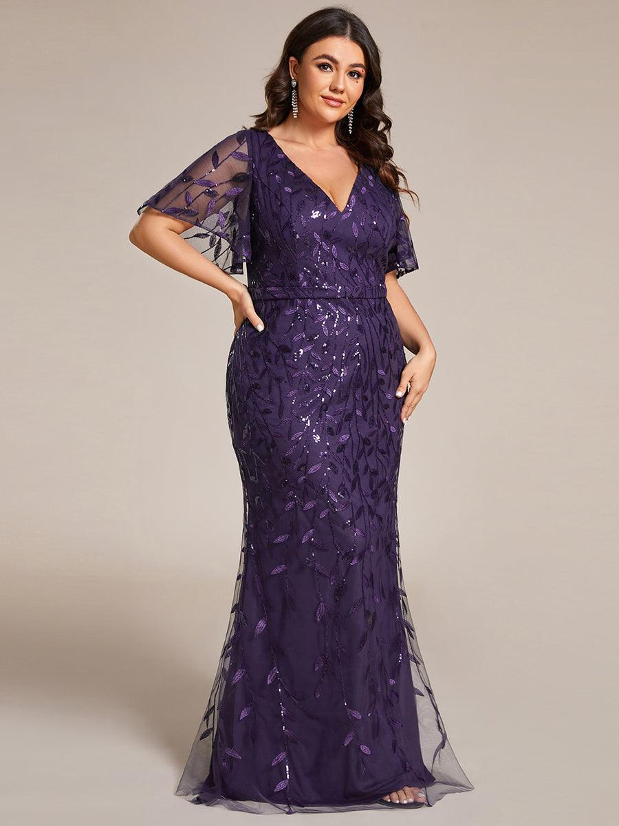 Robe de soirée en queue de poisson à paillettes et feuilles à col en V #Couleur_Violet Fonce