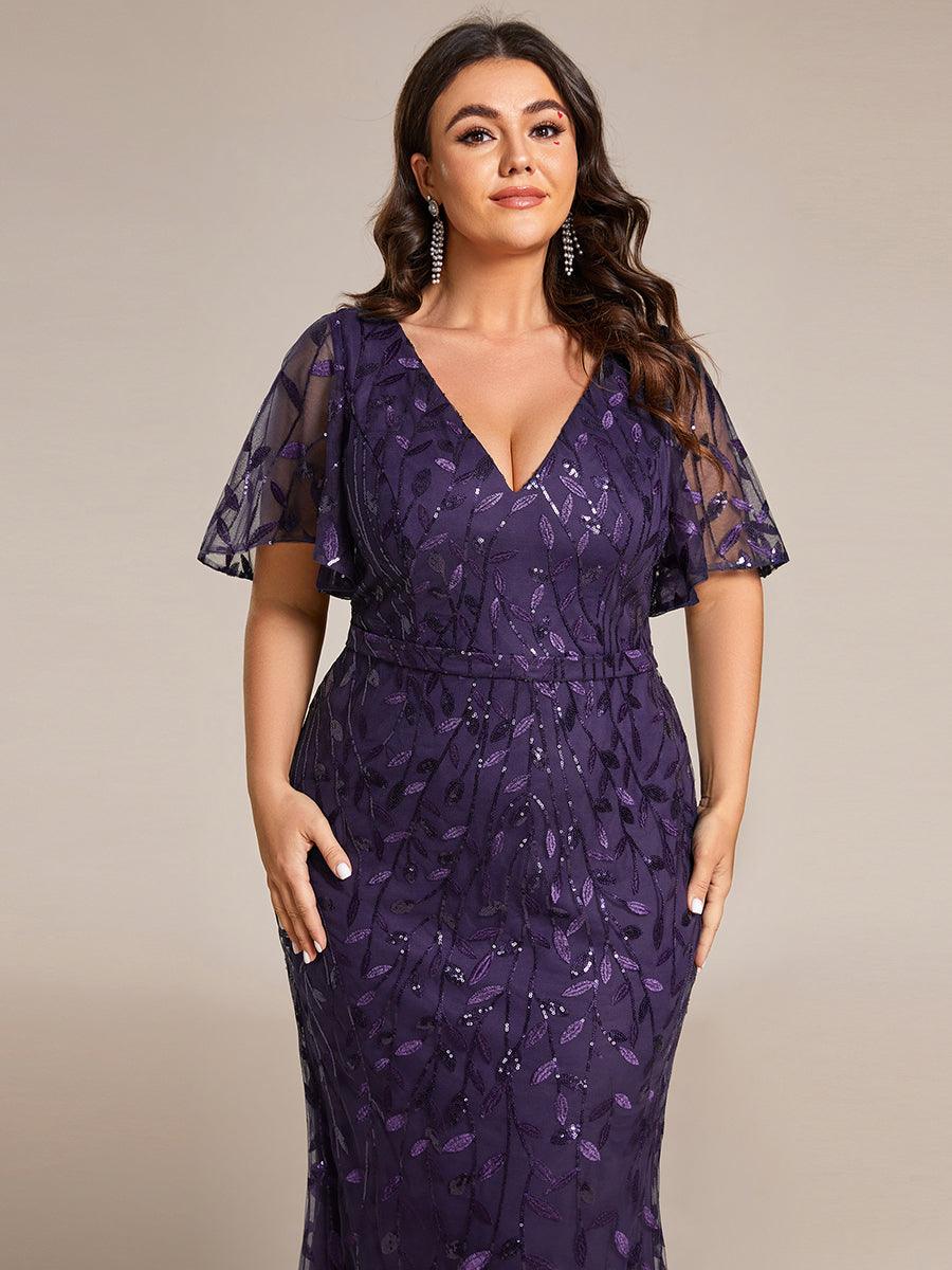 Robe de soirée en queue de poisson à paillettes et feuilles à col en V #Couleur_Violet Fonce