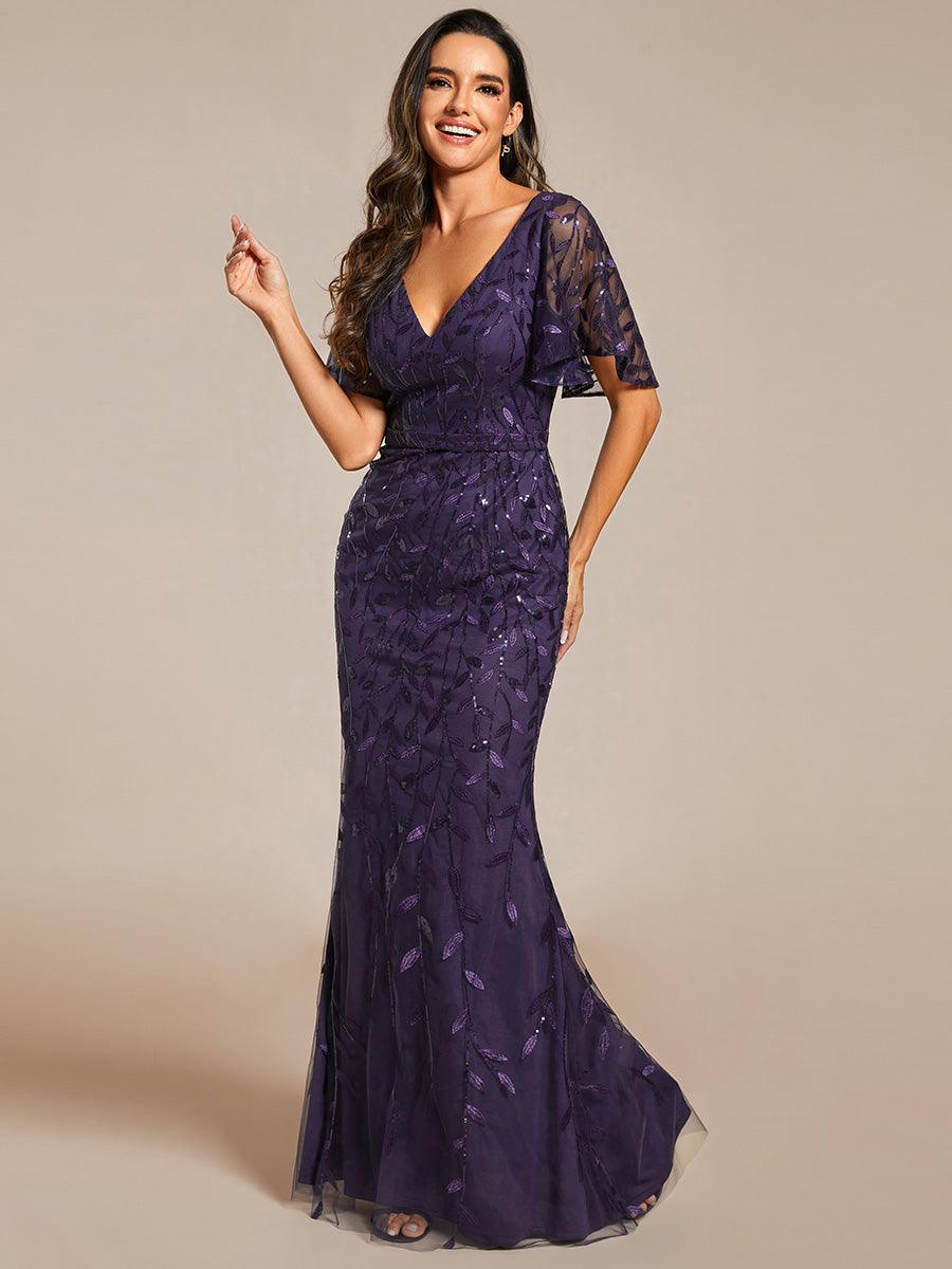 Robe de soirée en queue de poisson à paillettes et feuilles à col en V #Couleur_Violet Fonce