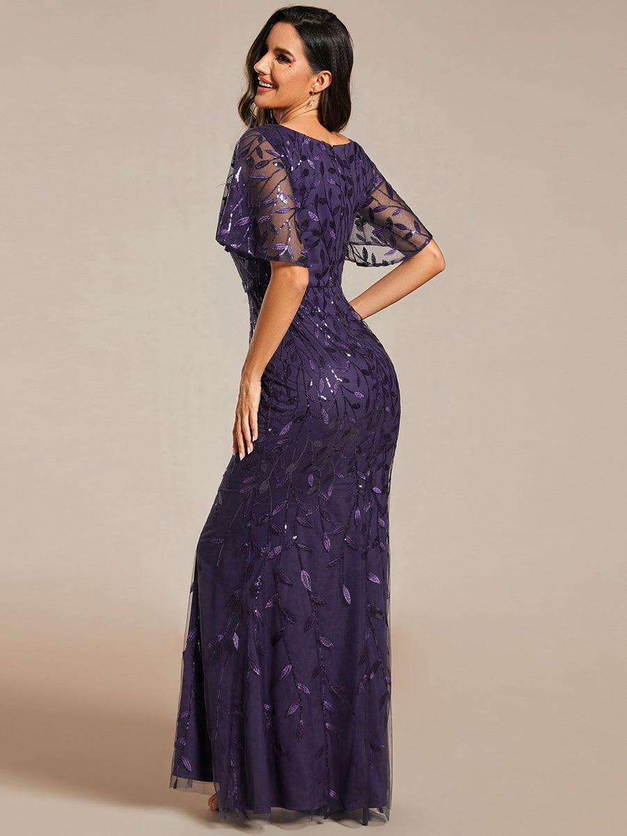 Robe de soirée en queue de poisson à paillettes et feuilles à col en V #Couleur_Violet Fonce