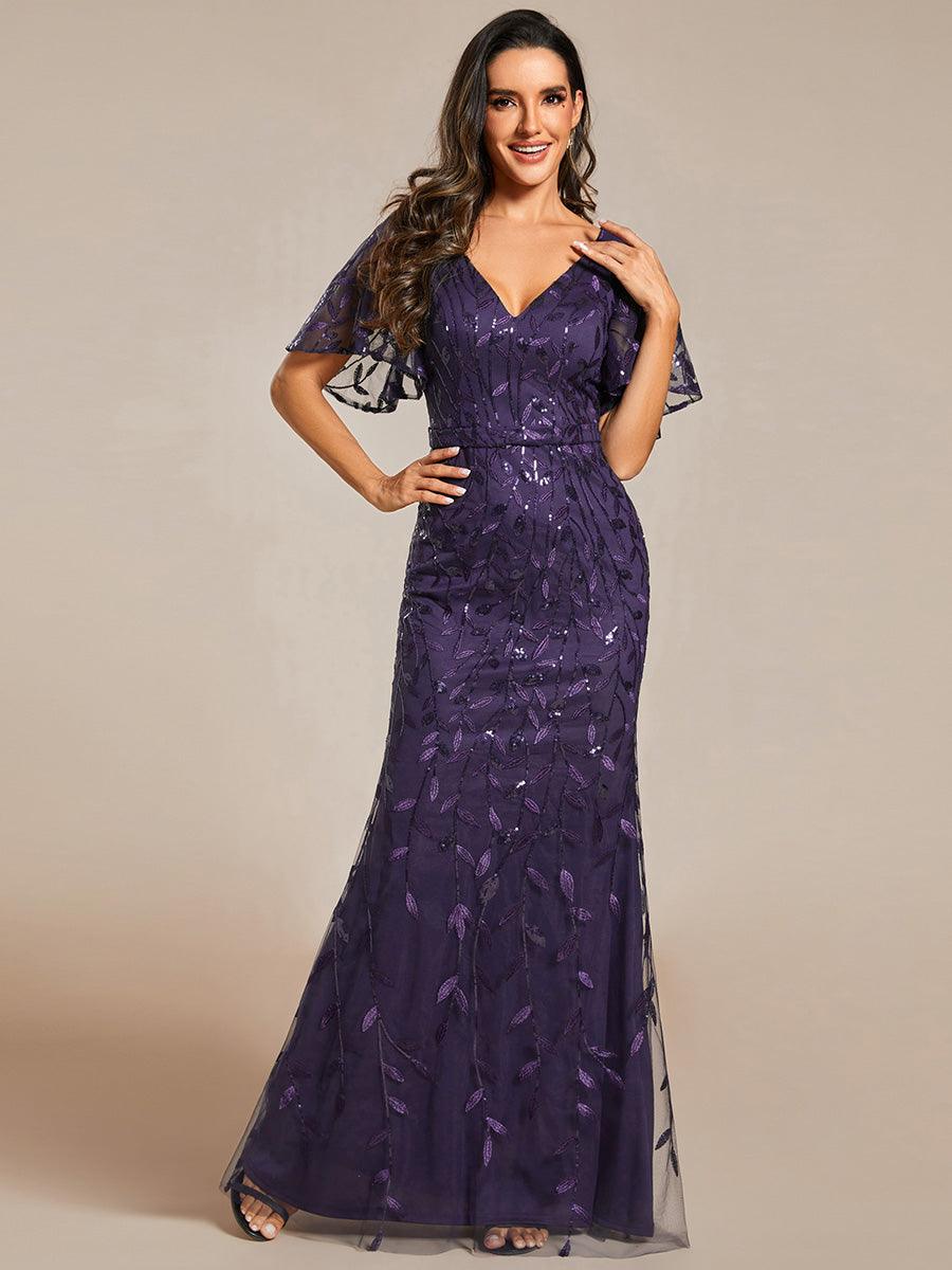 Robe de soirée en queue de poisson à paillettes et feuilles à col en V #Couleur_Violet Fonce