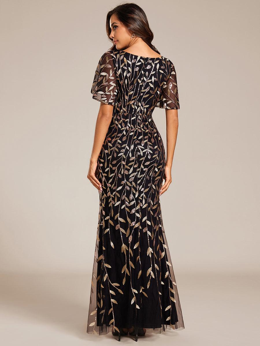 Robe de soirée en queue de poisson à paillettes et feuilles à col en V #Couleur_Noir & Or