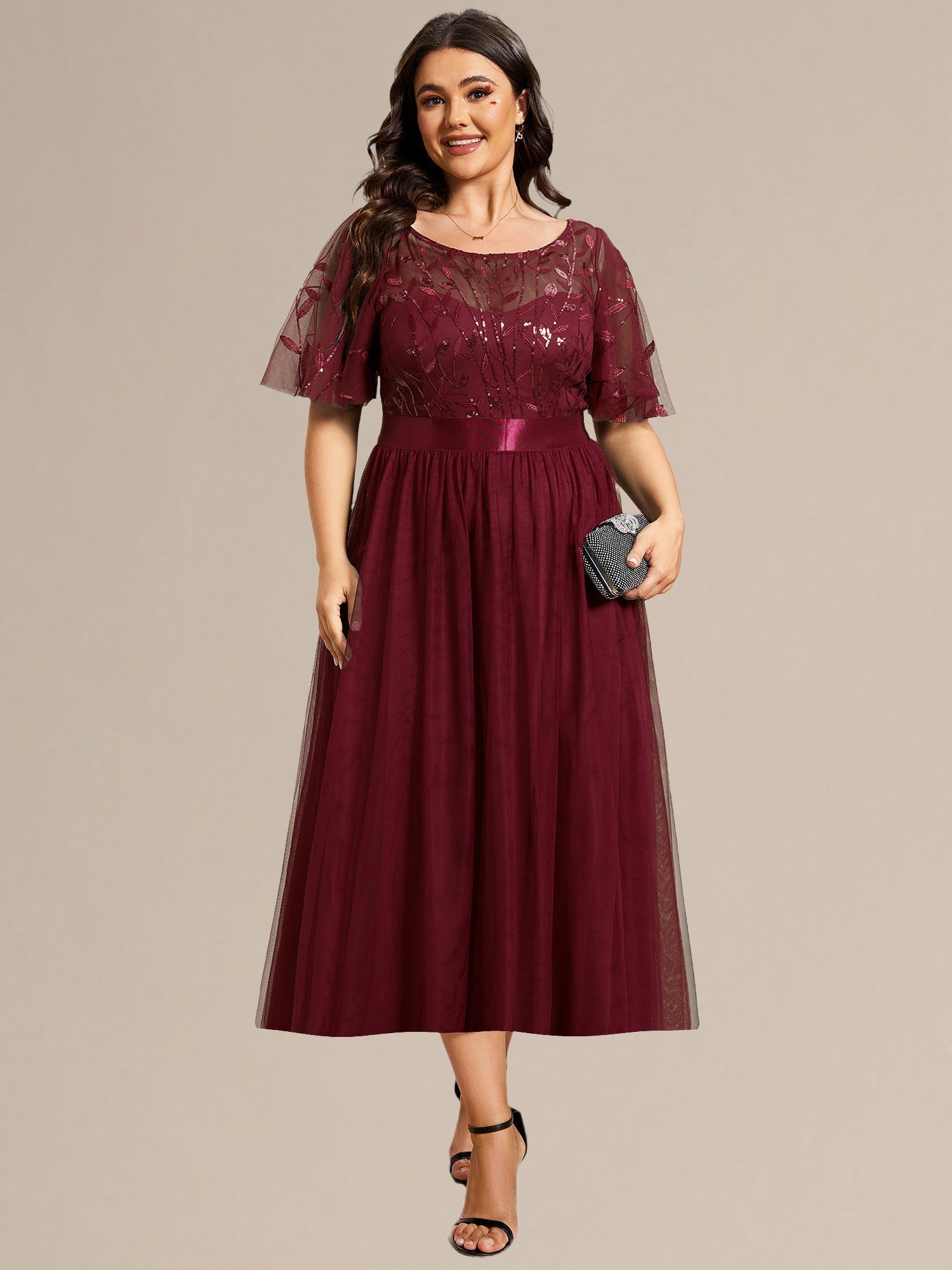 Robe d'invité de mariage trapèze en mousseline fluide à encolure ronde et longueur au genou #Couleur_Bordeaux