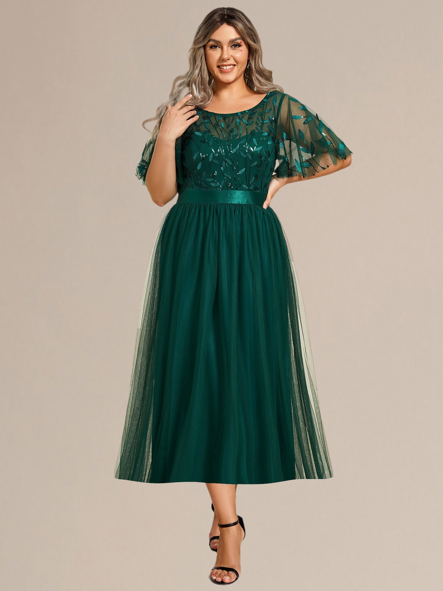 Robe d'invité de mariage trapèze en mousseline fluide à encolure ronde et longueur au genou #Couleur_Vert Fonce