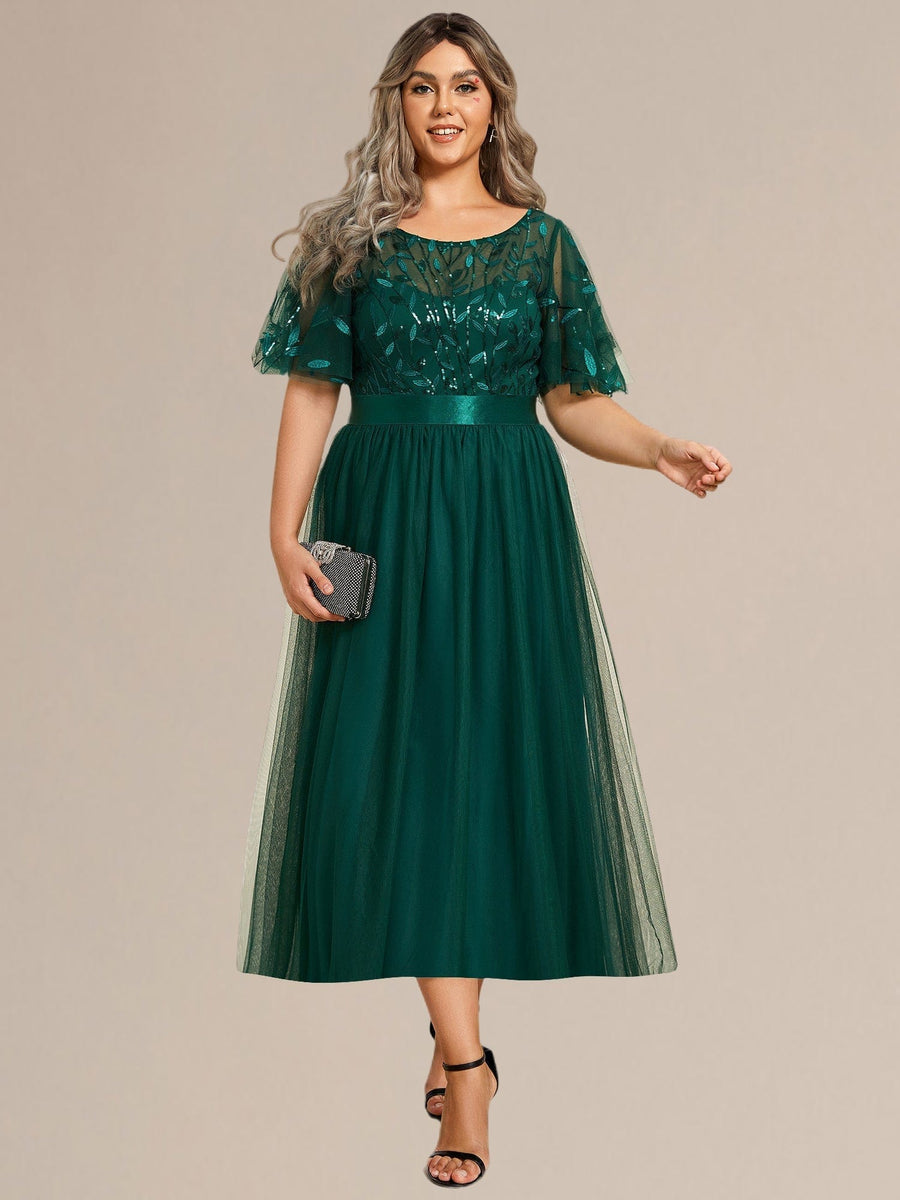 Robe d'invitée de mariage mi-longue à paillettes et feuilles #Couleur_Vert Fonce