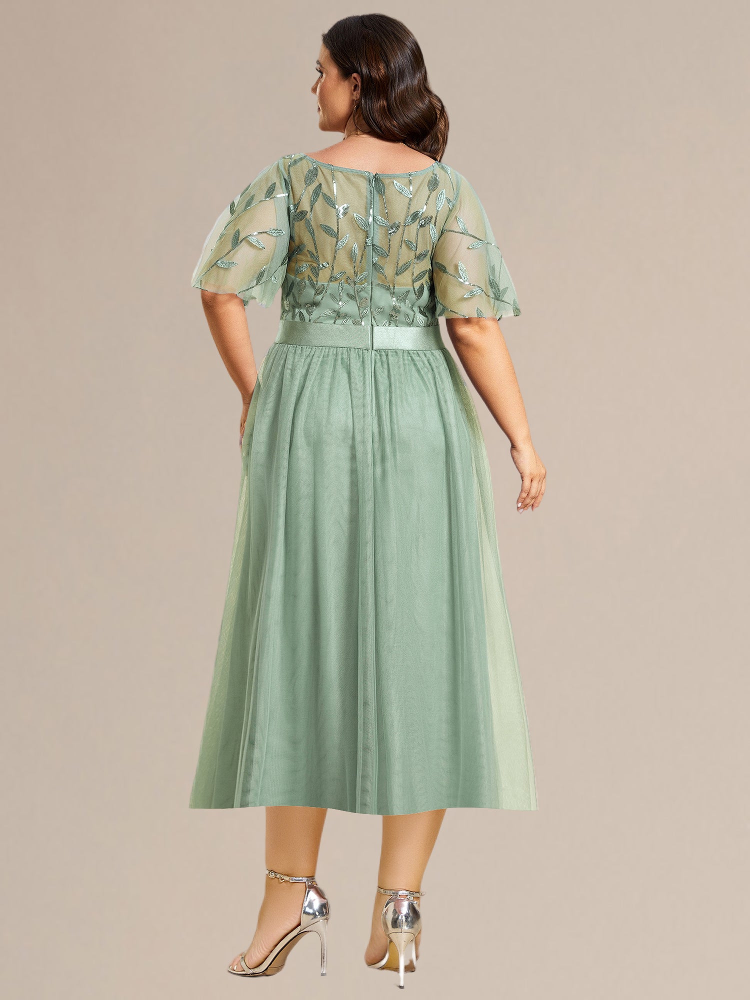 Robe d'invité de mariage trapèze en mousseline fluide à encolure ronde et longueur au genou #Couleur_Menthe Verte