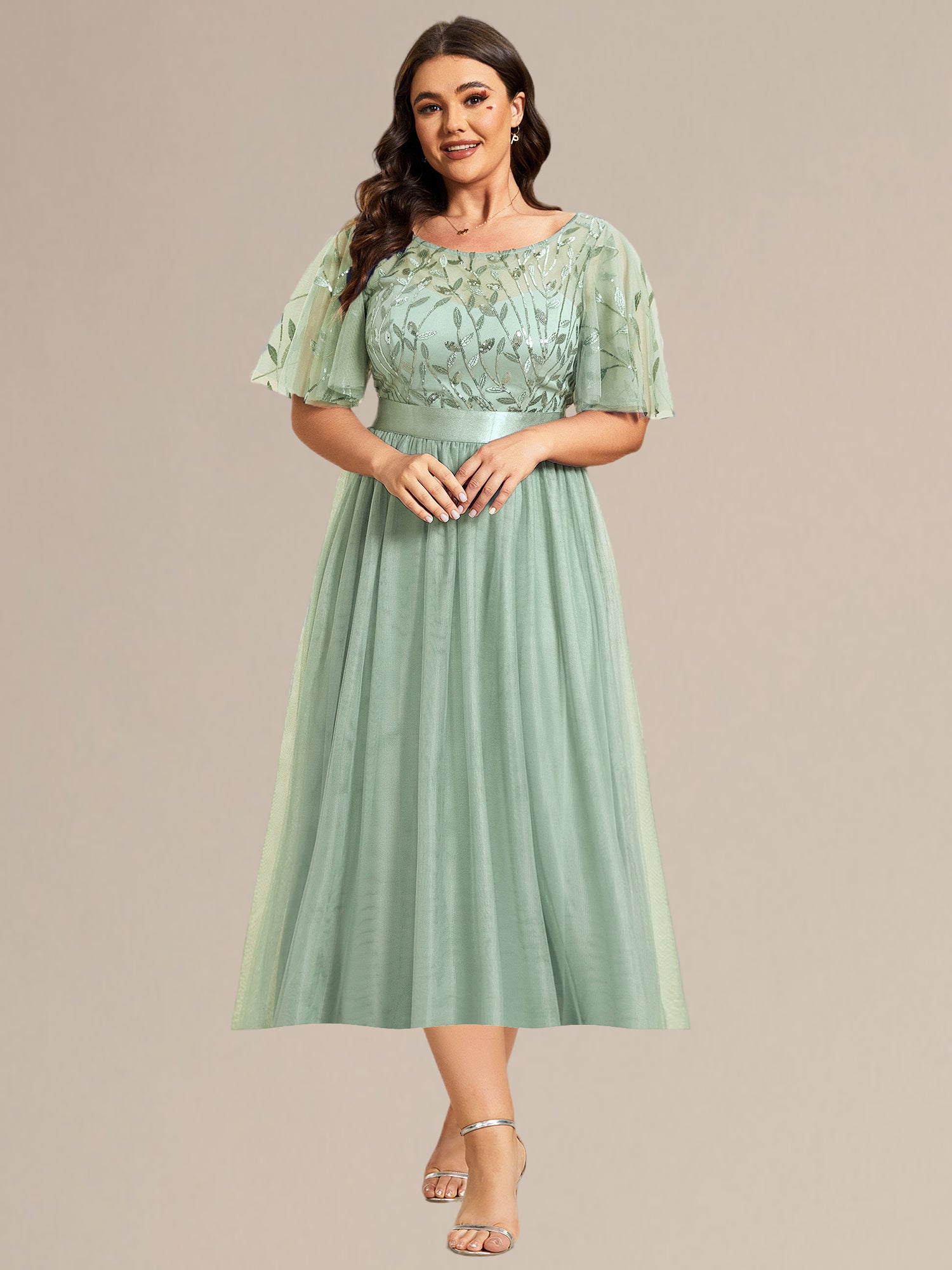 Robe d'invité de mariage trapèze en mousseline fluide à encolure ronde et longueur au genou #Couleur_Menthe Verte