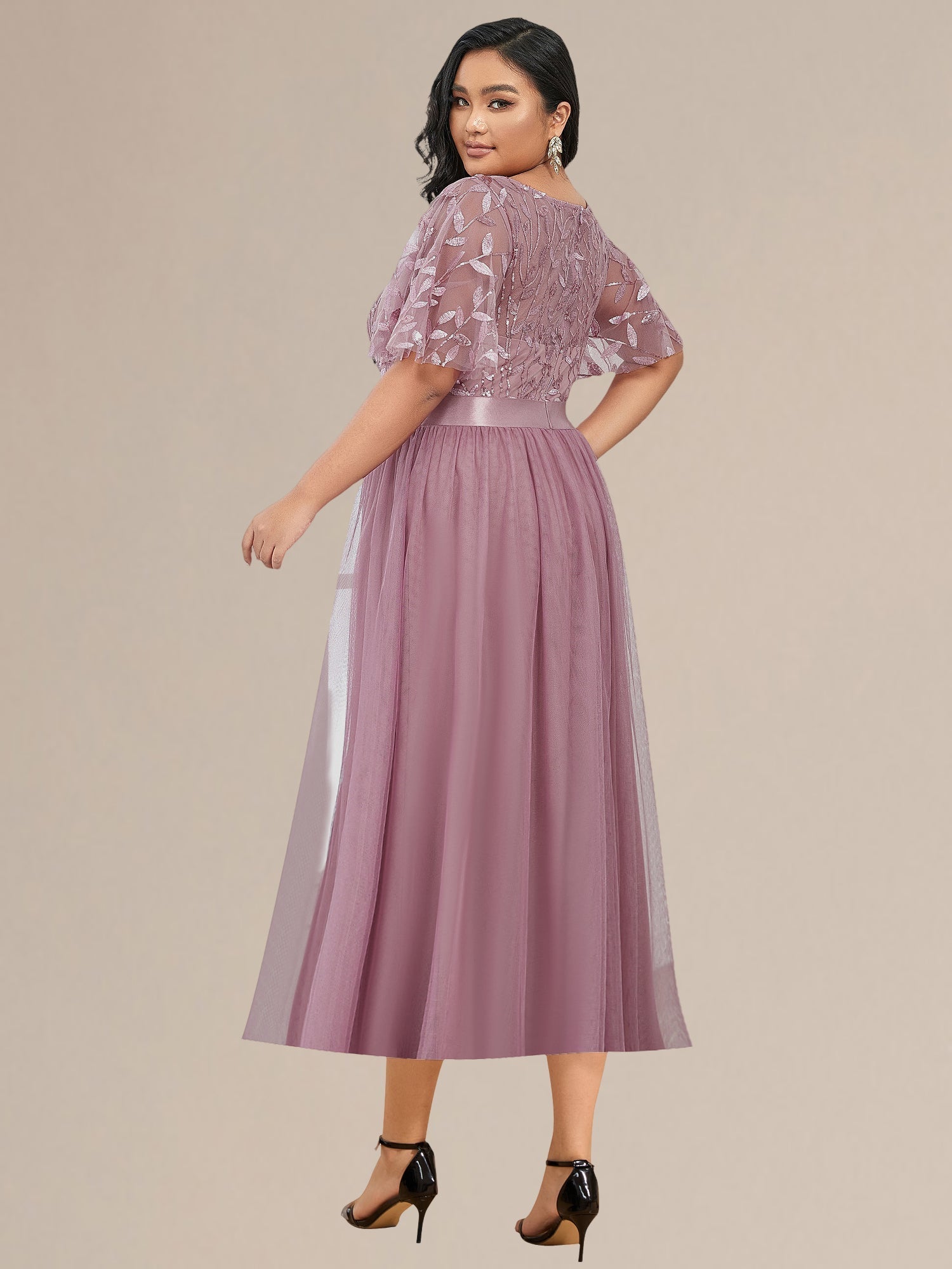 Robe d'invité de mariage trapèze en mousseline fluide à encolure ronde et longueur au genou #Couleur_Orchidee