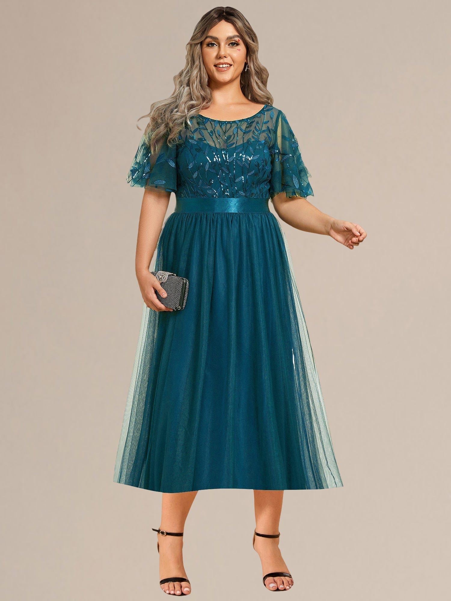 Robe d'invitée de mariage mi-longue à paillettes et feuilles #Couleur_Bleu Sarcelle