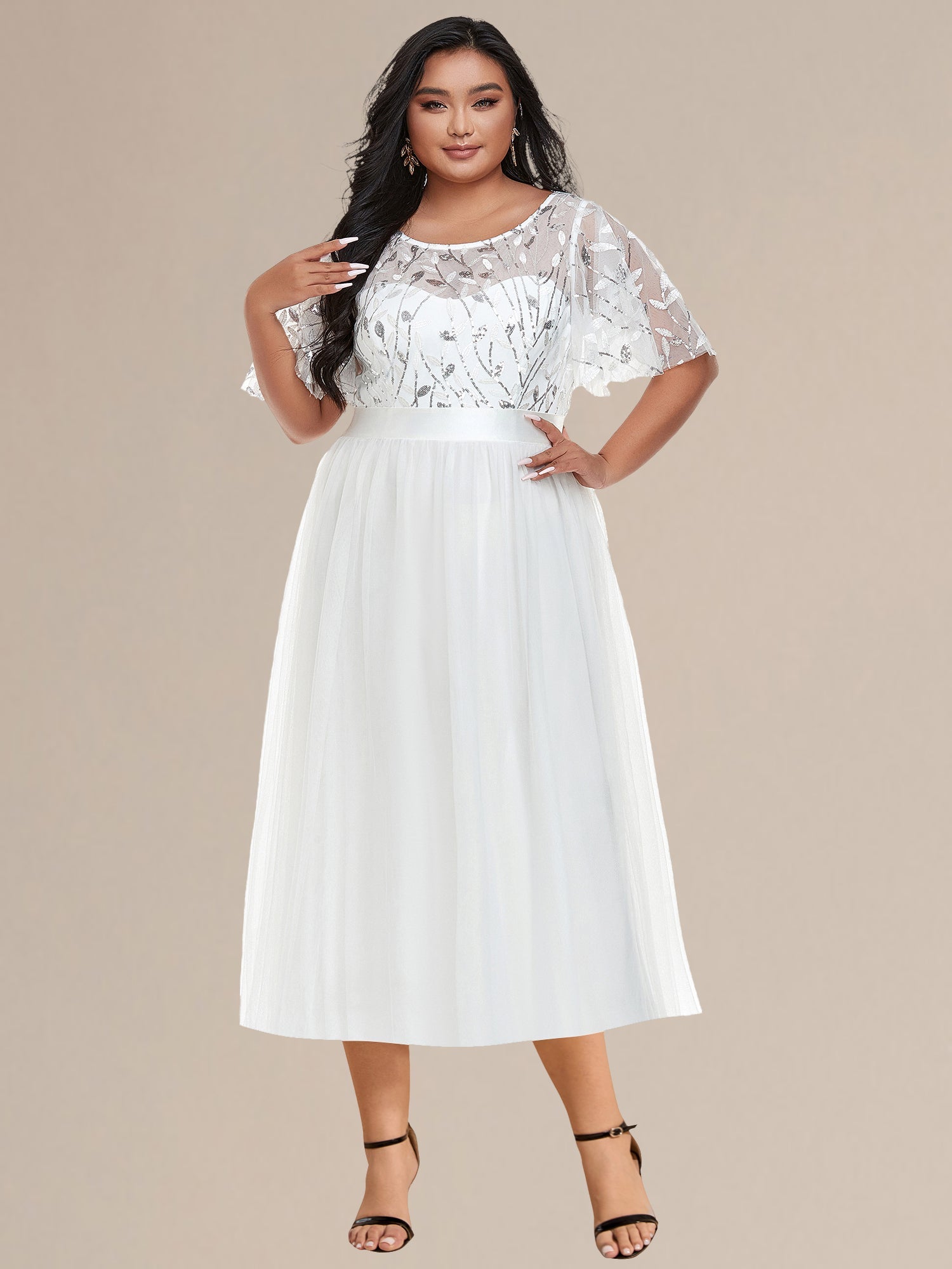 Robe d'invité de mariage trapèze en mousseline fluide à encolure ronde et longueur au genou #Couleur_Blanc