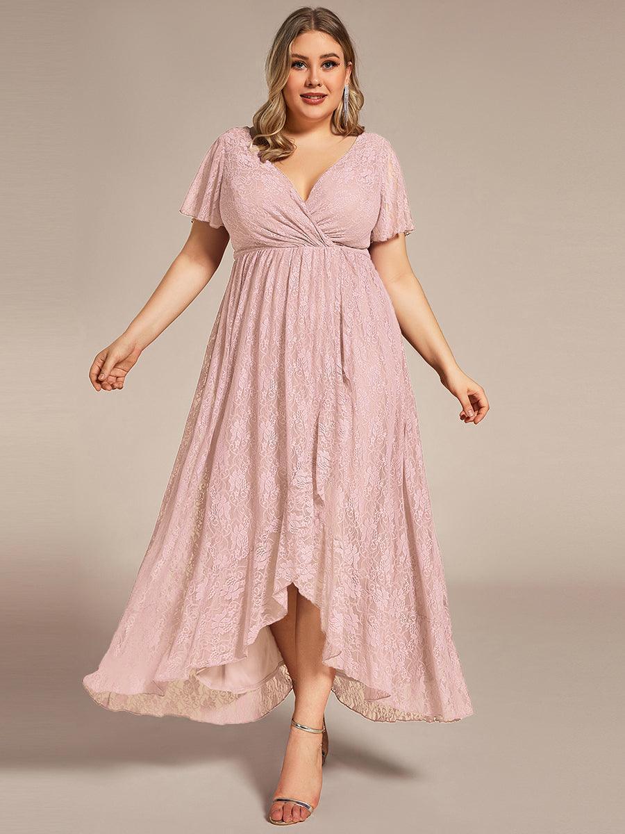 Robe de soirée en dentelle plissée à manches courtes et col en V #Couleur_Rose