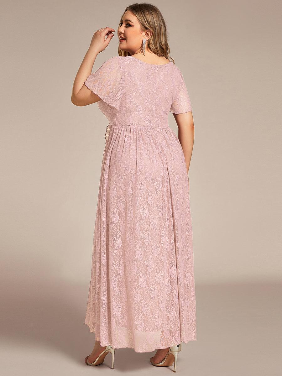 Robe de soirée en dentelle plissée à manches courtes et col en V #Couleur_Rose