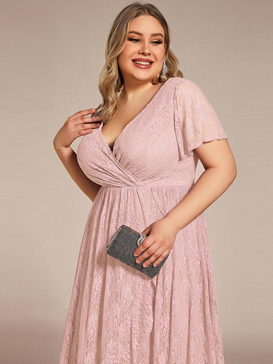 Robe de soirée en dentelle plissée à manches courtes et col en V #Couleur_Rose