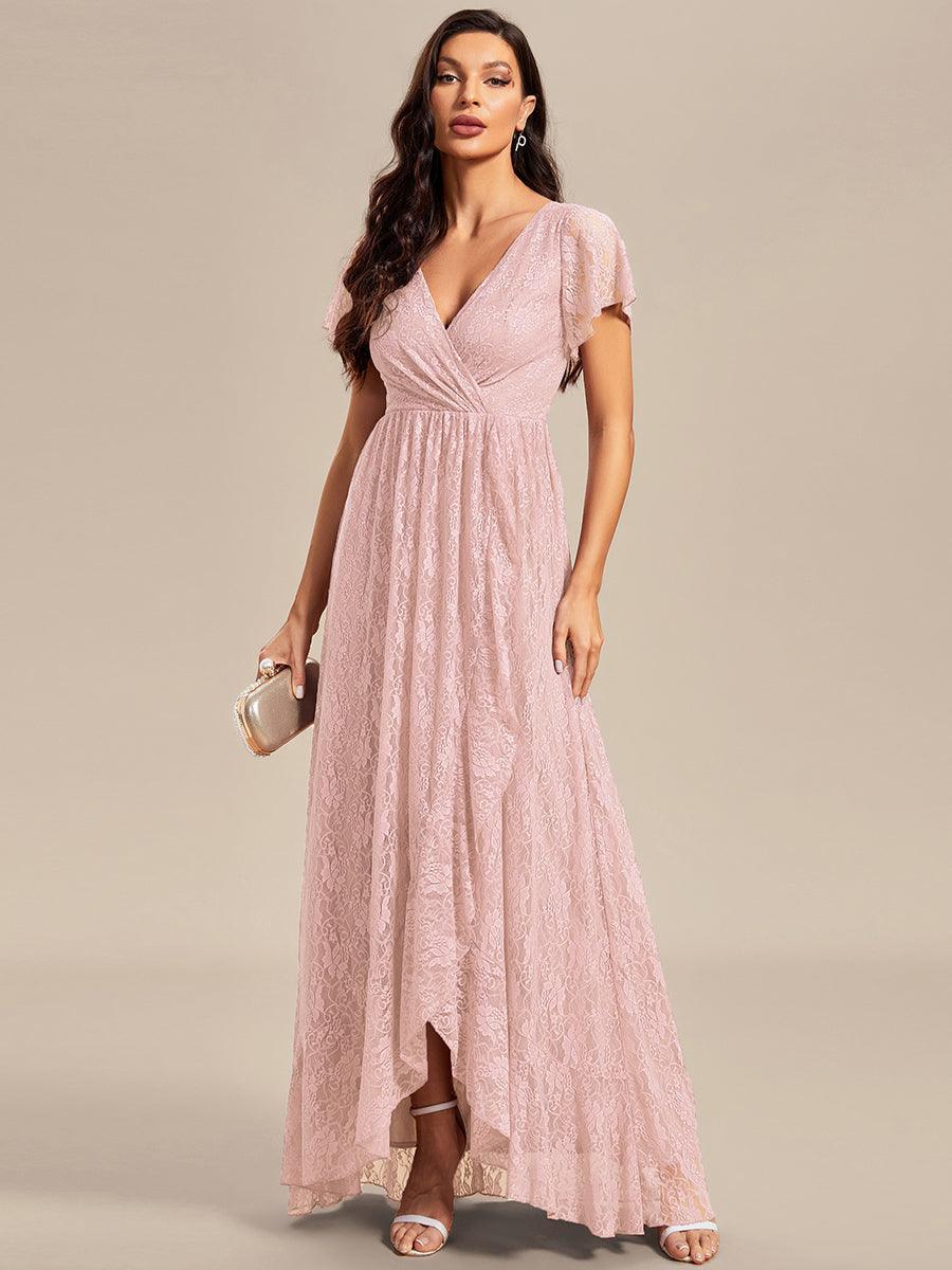Robe de soirée en dentelle plissée à manches courtes et col en V #Couleur_Rose