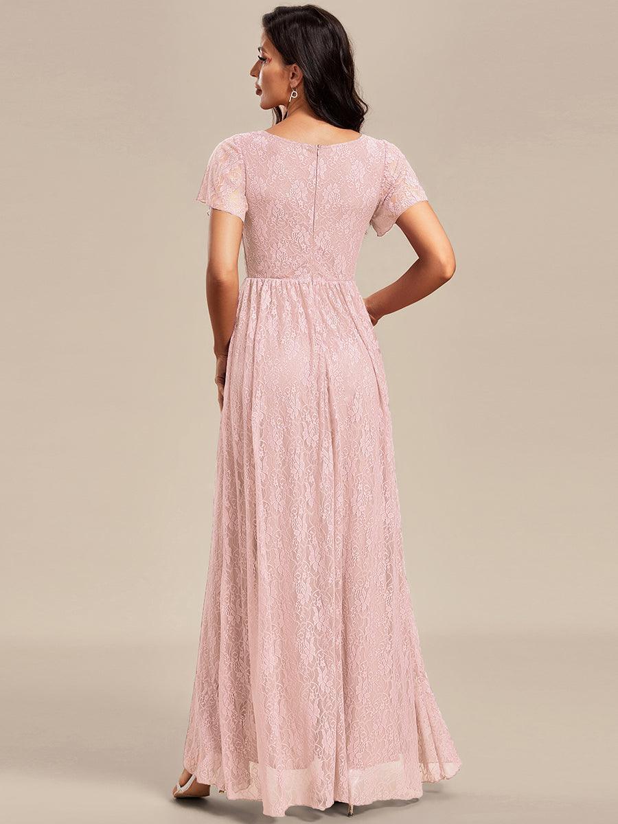 Robe de soirée en dentelle plissée à manches courtes et col en V #Couleur_Rose