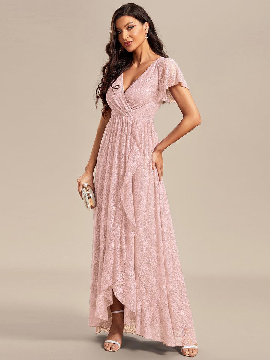Robe de soirée en dentelle plissée à manches courtes et col en V #Couleur_Rose