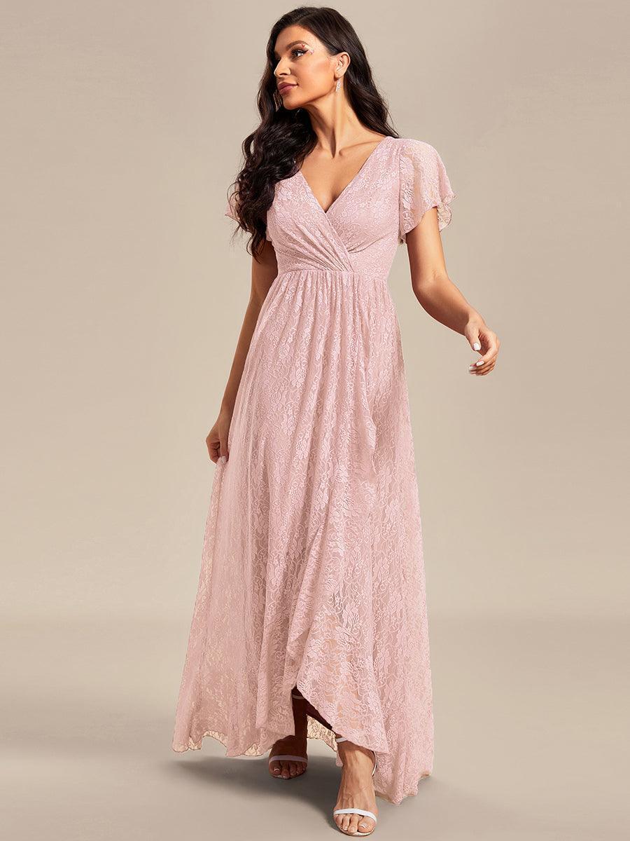 Robe de soirée en dentelle plissée à manches courtes et col en V #Couleur_Rose