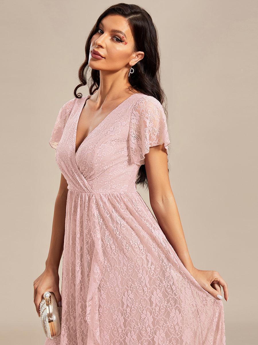 Robe de soirée en dentelle plissée à manches courtes et col en V #Couleur_Rose