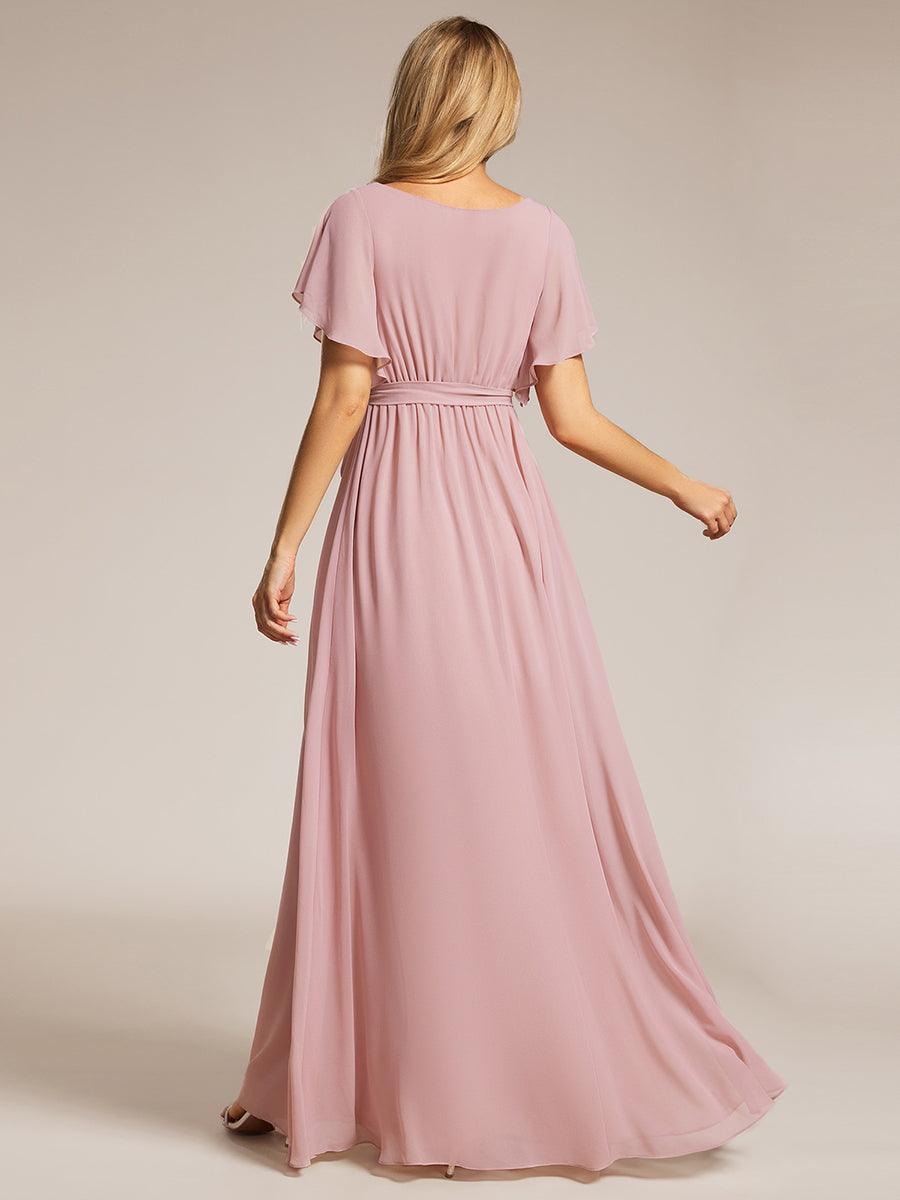 Robe demoiselle d'honneur en mousseline à encolure en V et à manches flottantes #Couleur_Rose fumee
