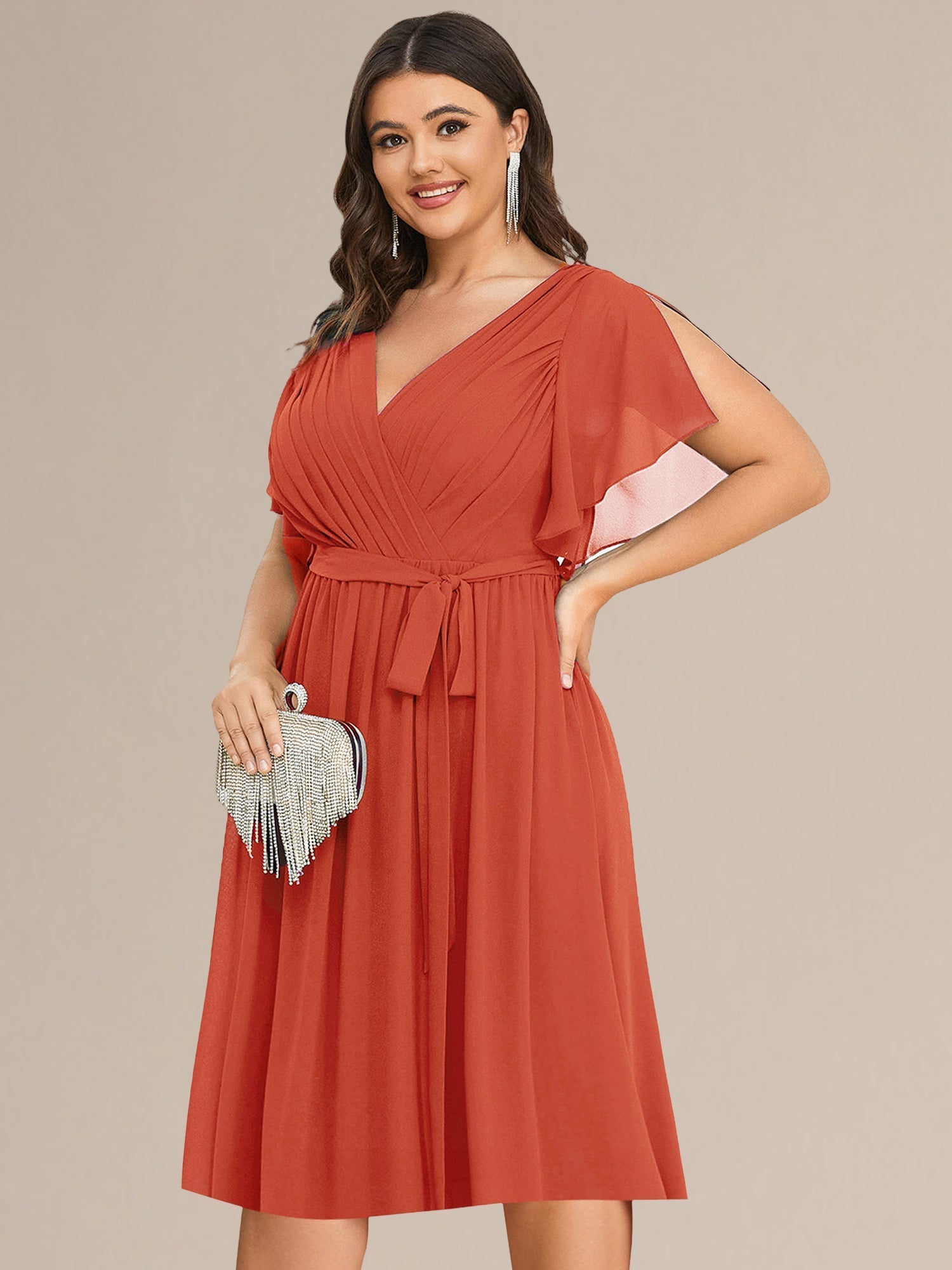 Robe d'invité de mariage trapèze en mousseline fluide à encolure ronde et longueur au genou #Couleur_Burnt Orange
