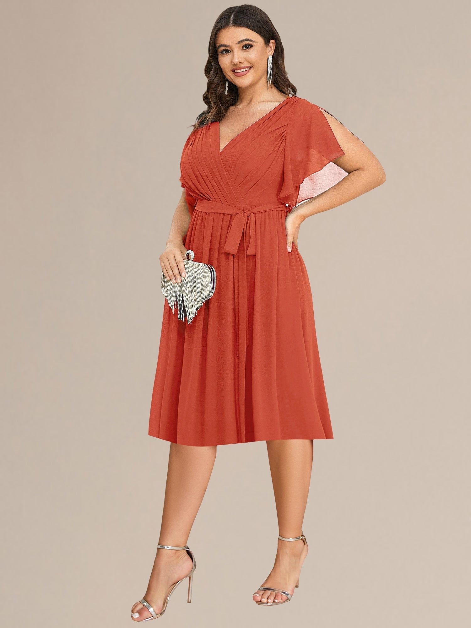 Robe d'invité de mariage trapèze en mousseline fluide à encolure ronde et longueur au genou #Couleur_Burnt Orange