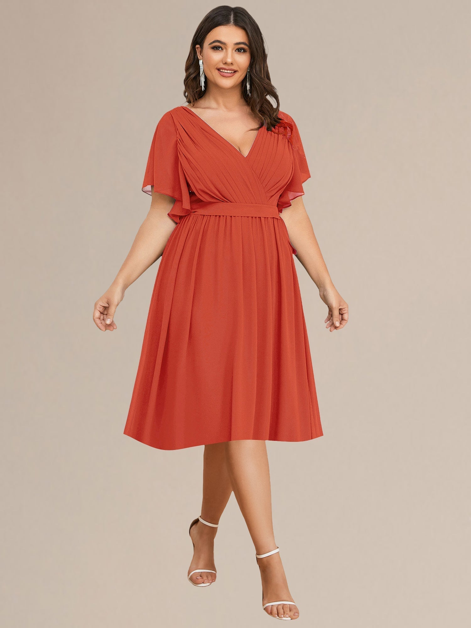 Robe d'invité de mariage trapèze en mousseline fluide à encolure ronde et longueur au genou #Couleur_Burnt Orange