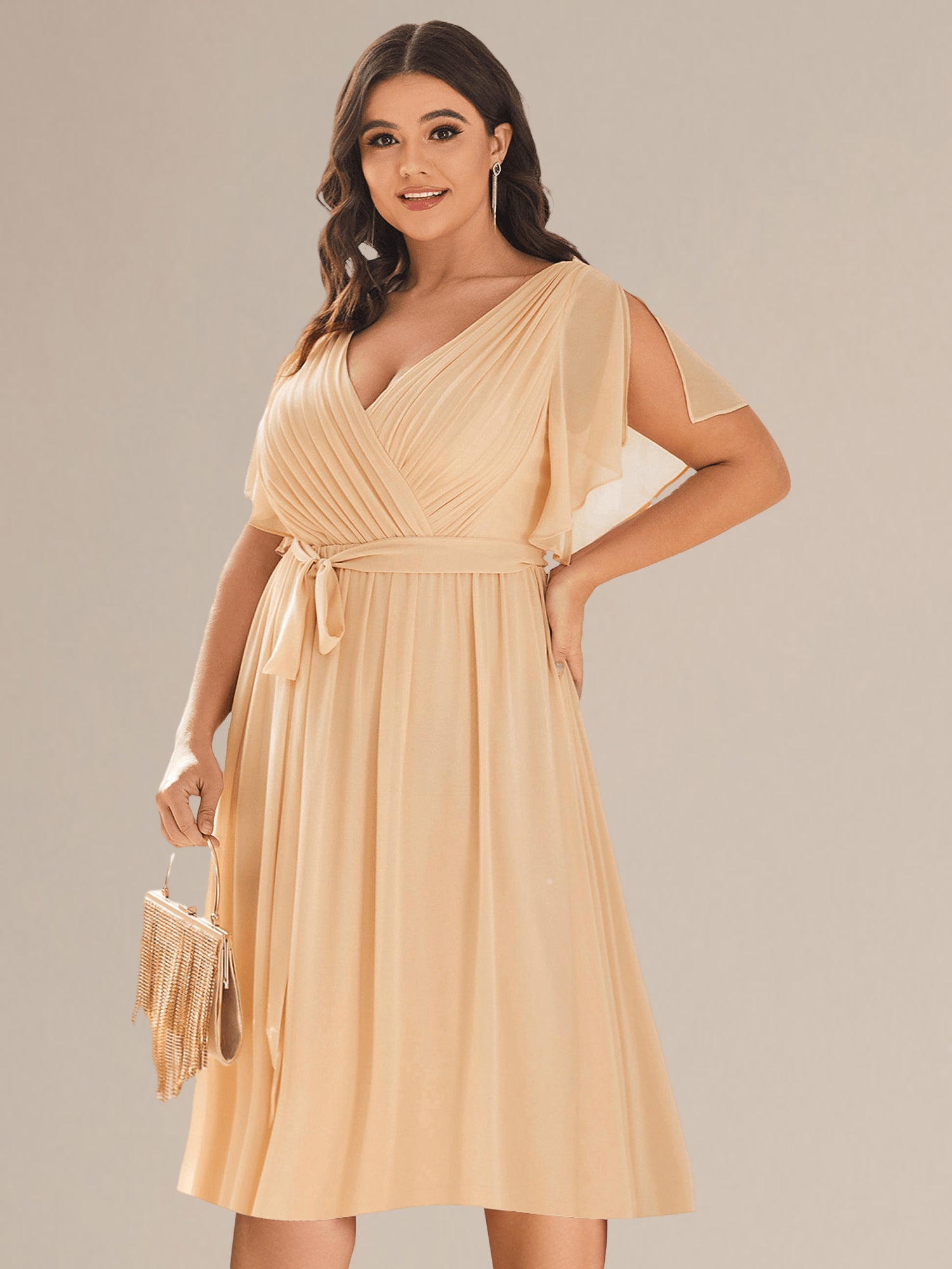 Robe d'invité de mariage trapèze en mousseline fluide à encolure ronde et longueur au genou #Couleur_Marine Fume