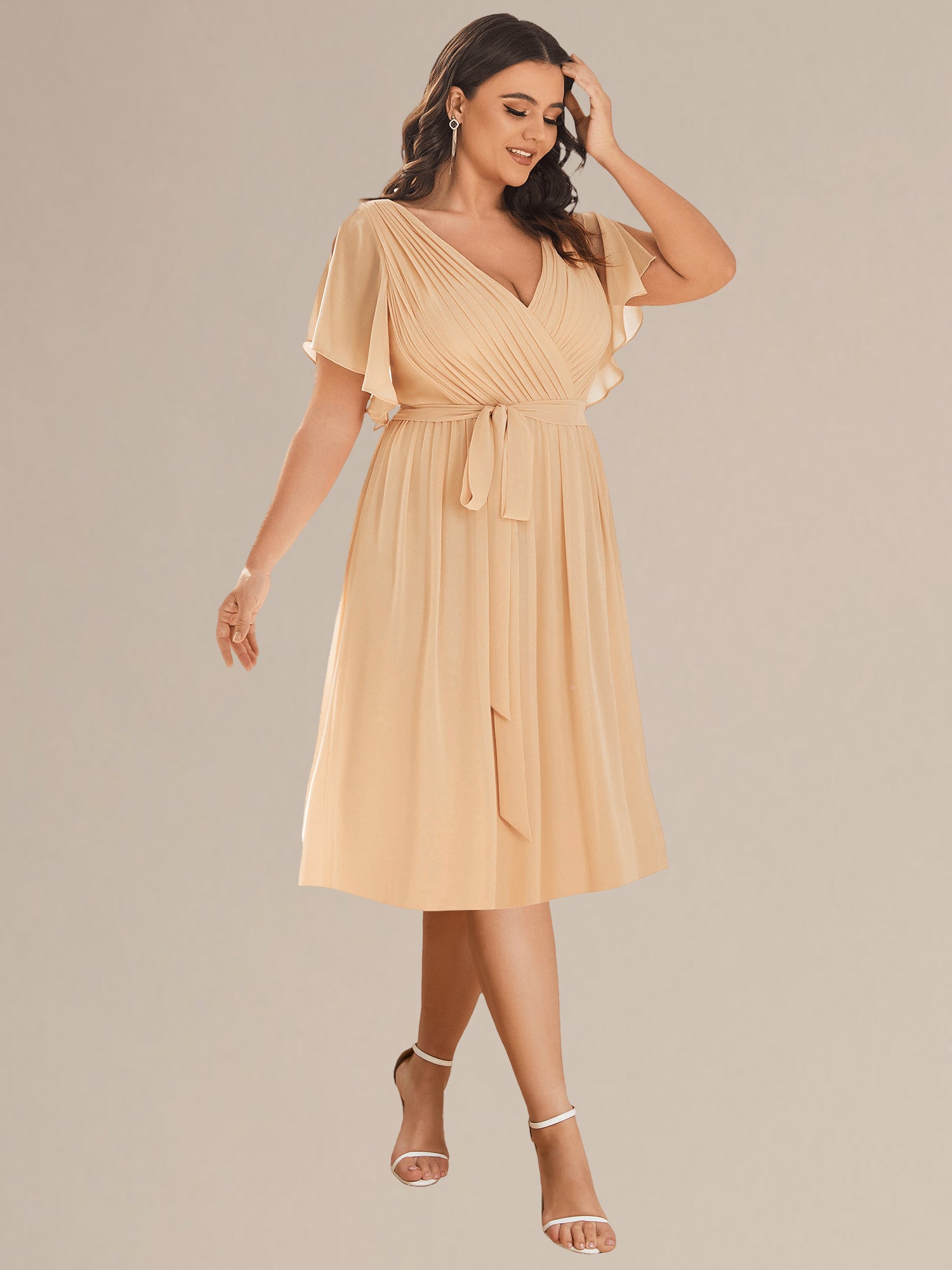 Robe d'invité de mariage trapèze en mousseline fluide à encolure ronde et longueur au genou #Couleur_Marine Fume