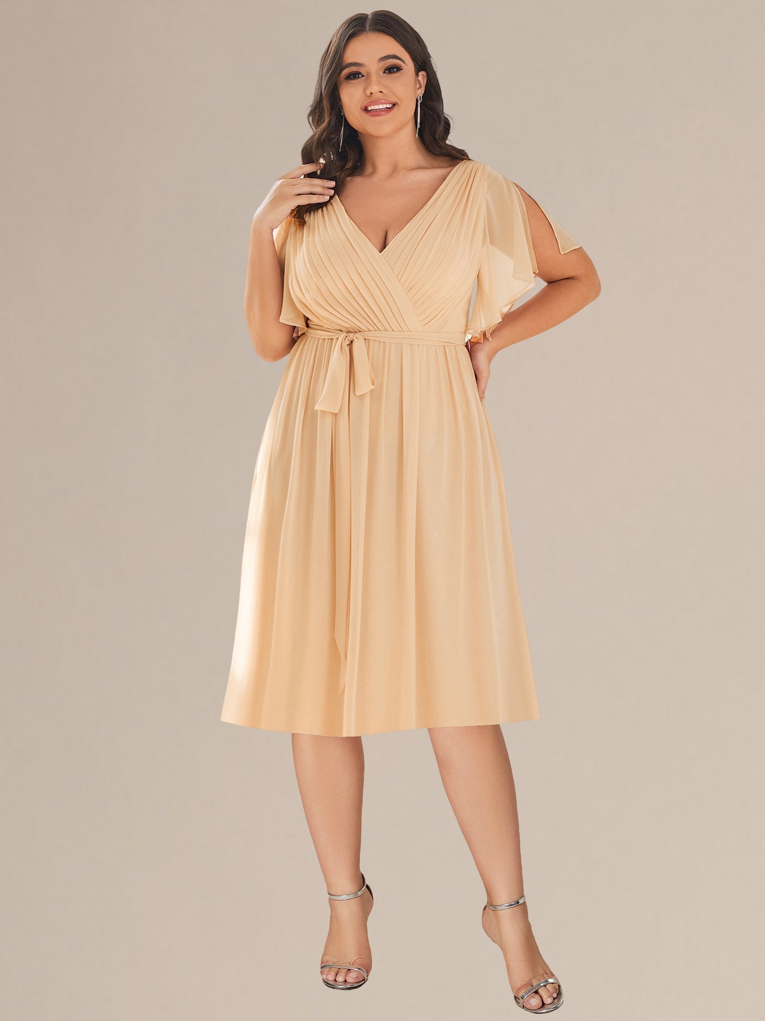 Robe d'invité de mariage trapèze en mousseline fluide à encolure ronde et longueur au genou #Couleur_Marine Fume