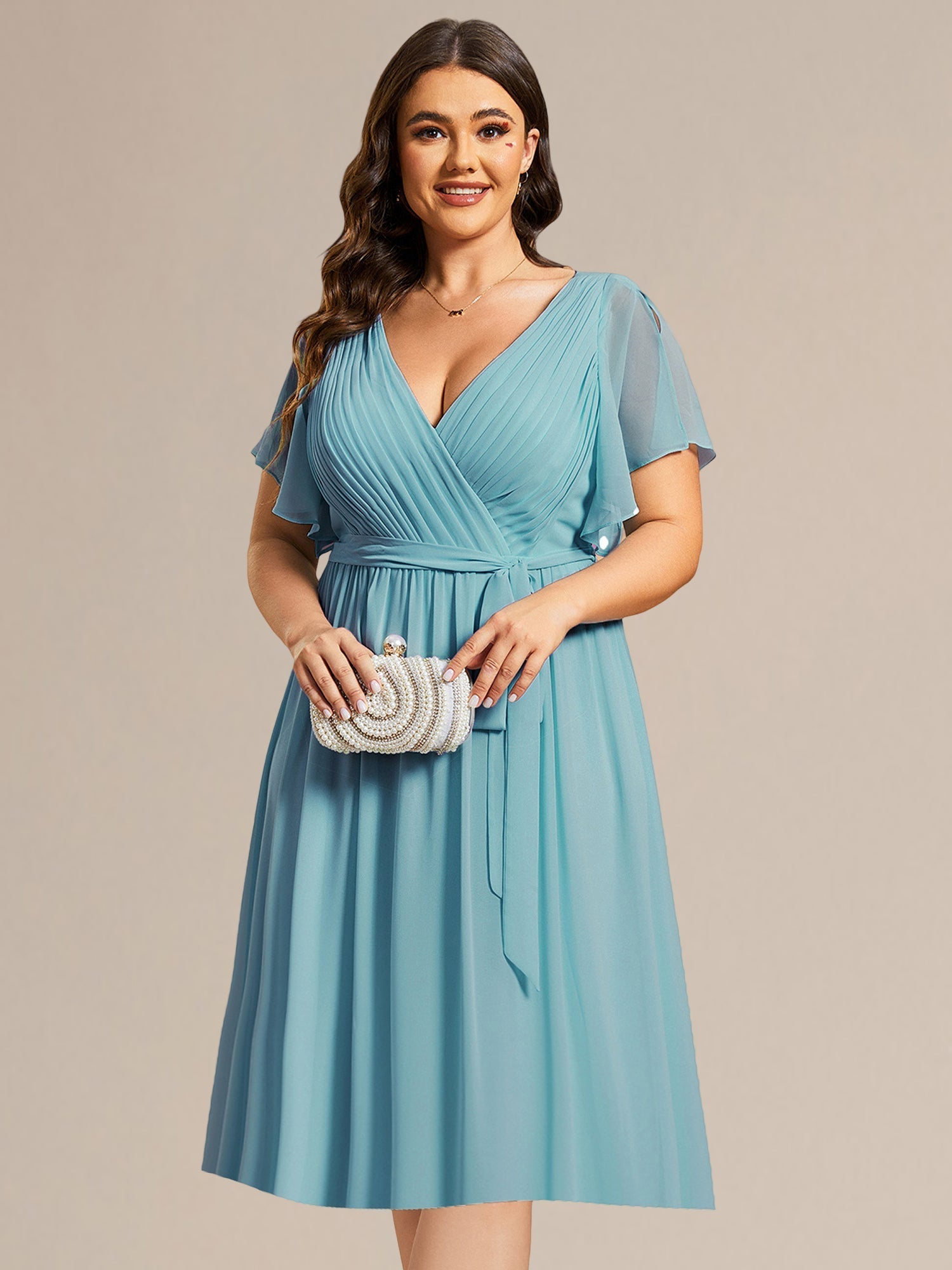 Robe d'invité de mariage trapèze en mousseline fluide à encolure ronde et longueur au genou #Couleur_Lavande