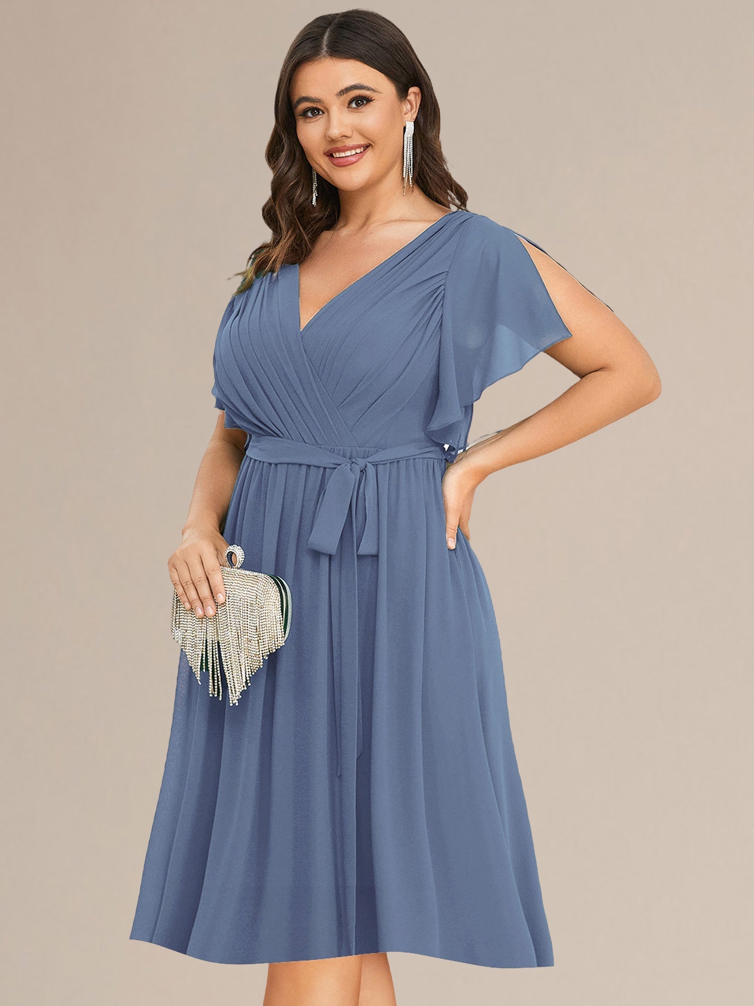 Robe d'invité de mariage trapèze en mousseline fluide à encolure ronde et longueur au genou #Couleur_Menthe Verte