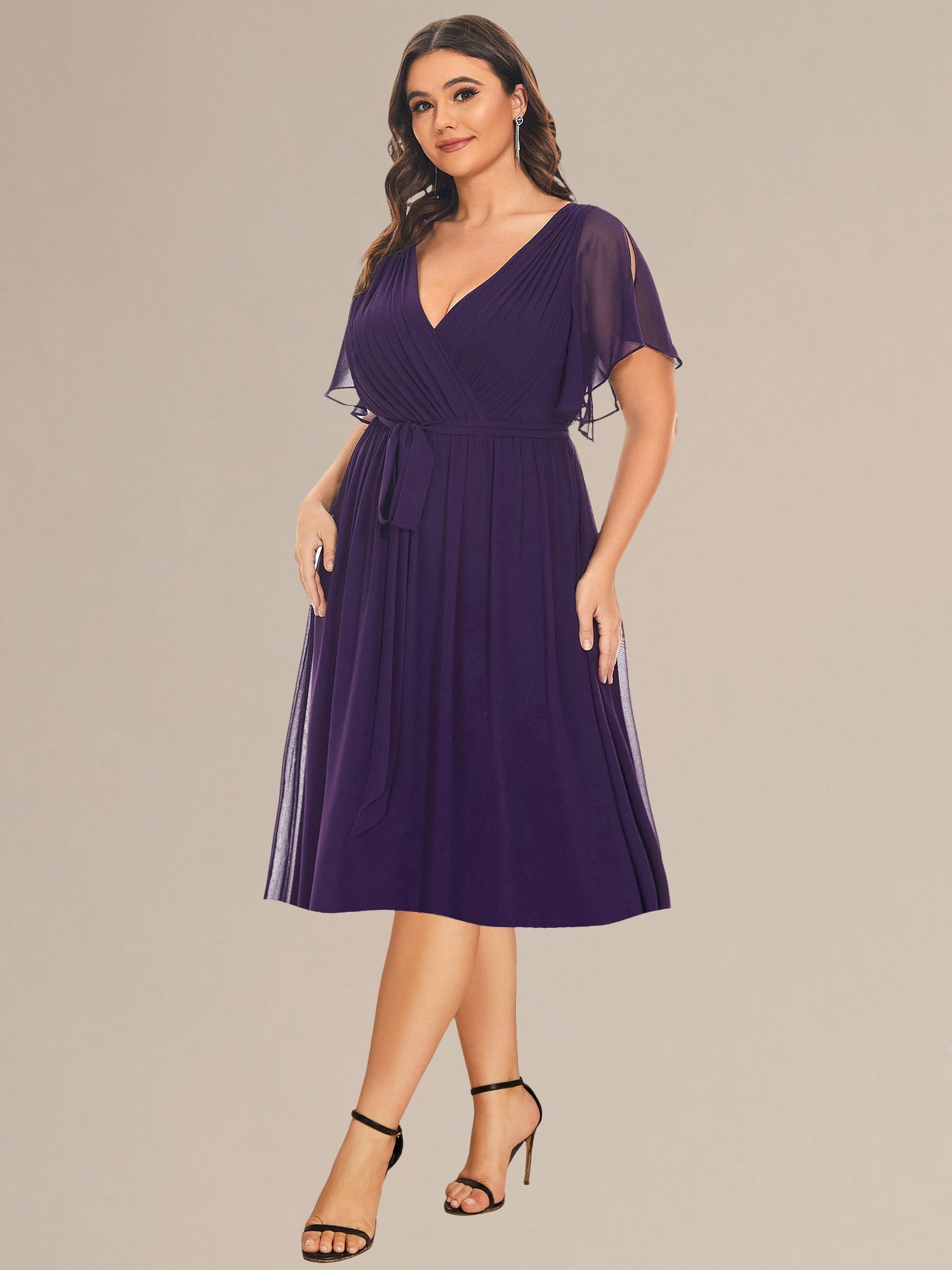 Robe d'invité de mariage trapèze en mousseline fluide à encolure ronde et longueur au genou #Couleur_Menthe Verte