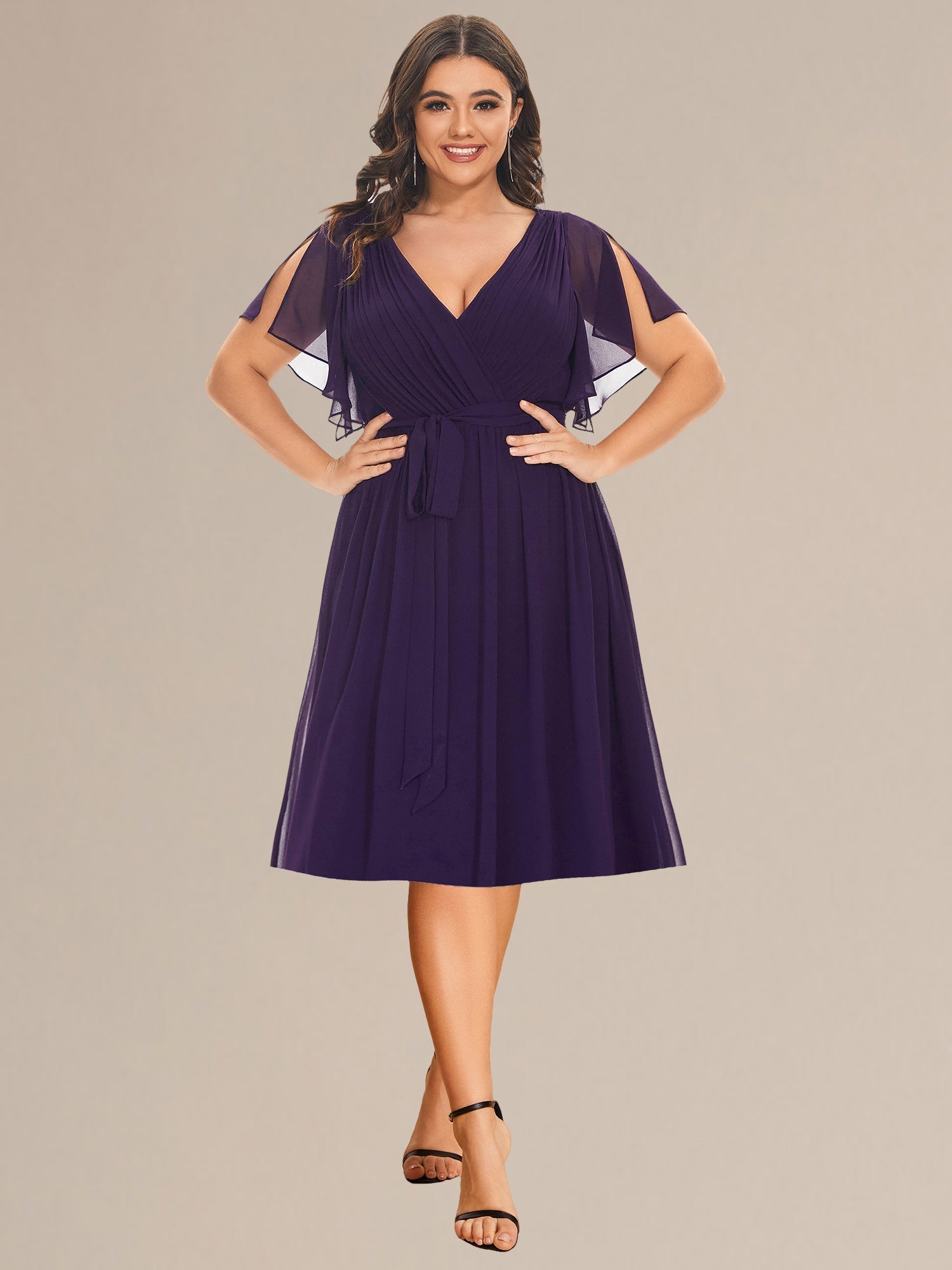 Robe d'invité de mariage trapèze en mousseline fluide à encolure ronde et longueur au genou #Couleur_Bleu Marine