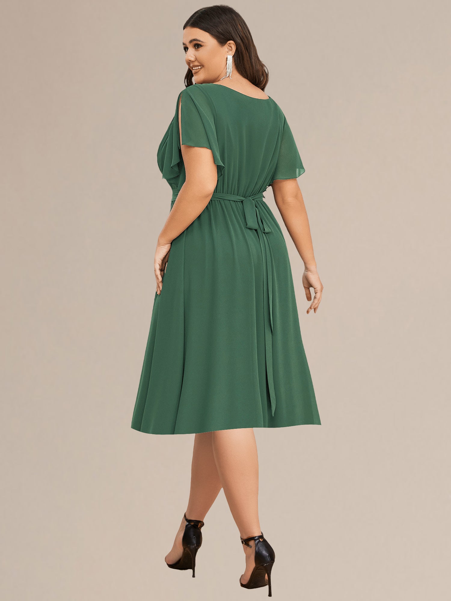 Robe d'invité de mariage trapèze en mousseline fluide à encolure ronde et longueur au genou #Couleur_Bleu Marine