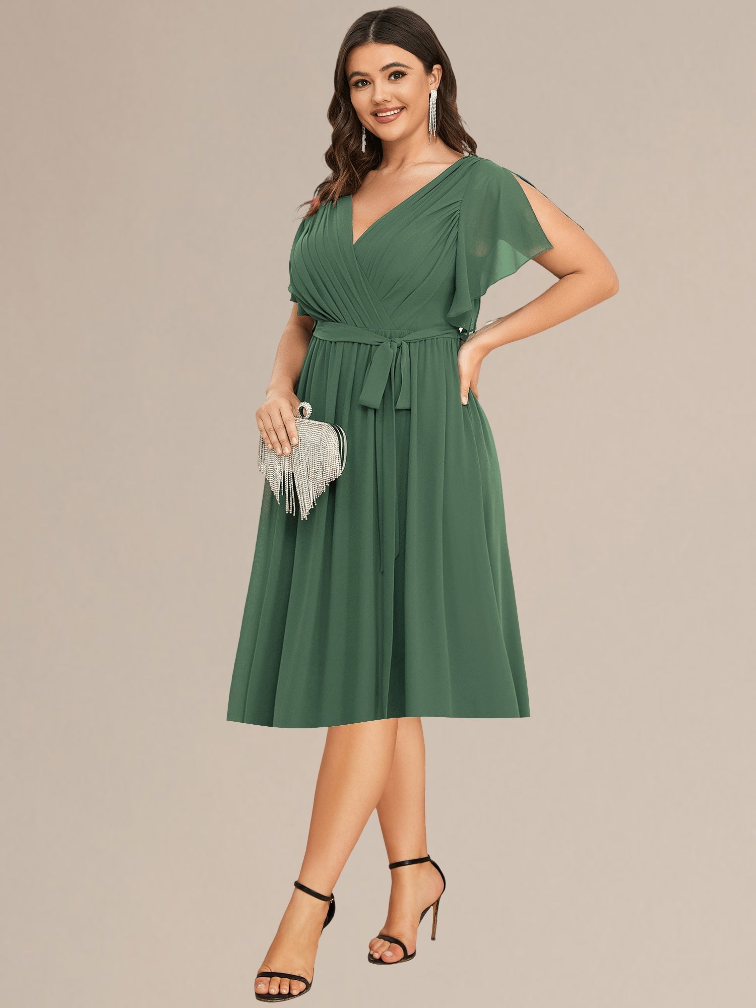 Robe d'invité de mariage trapèze en mousseline fluide à encolure ronde et longueur au genou #Couleur_Bleu Marine