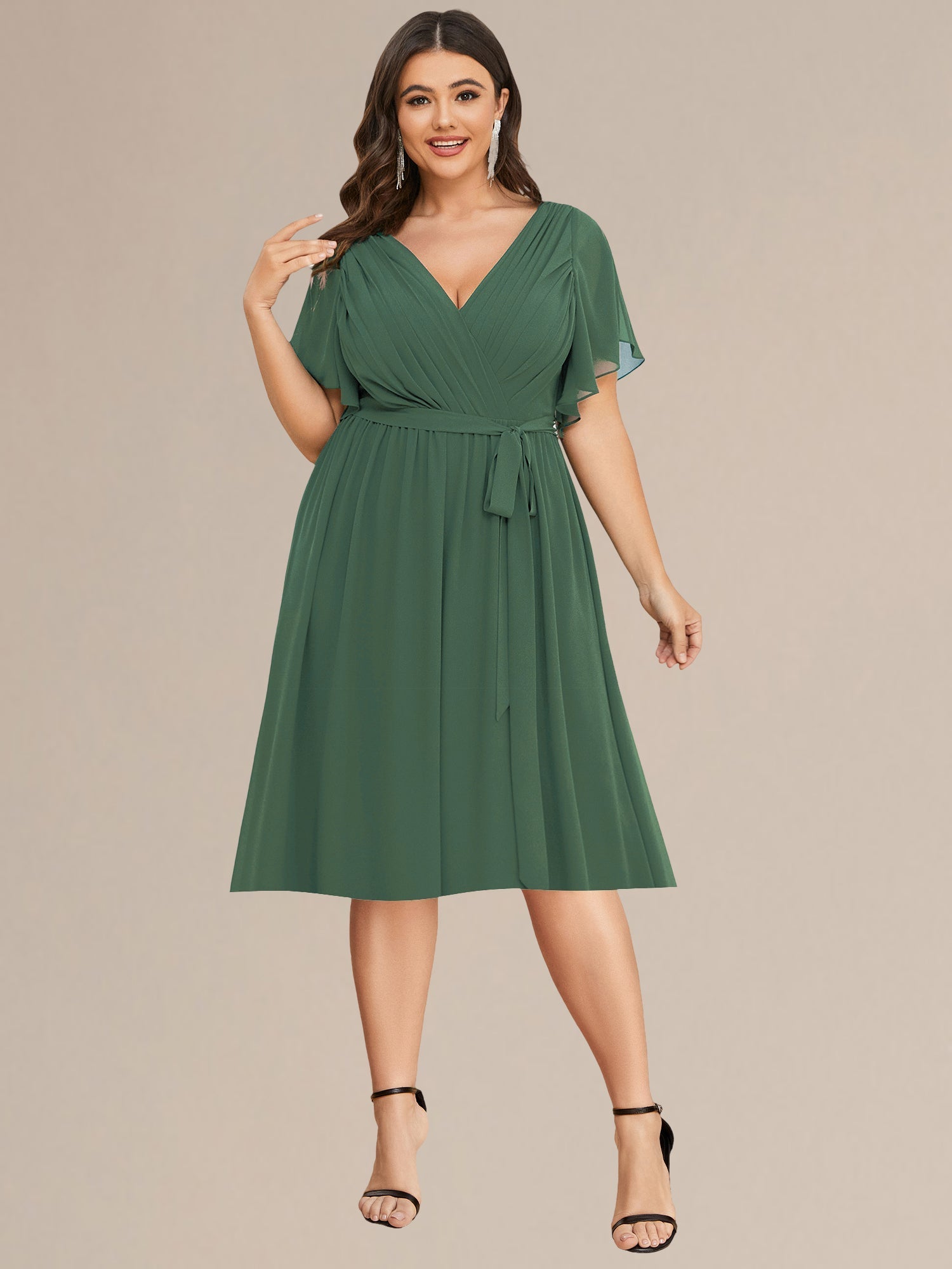 Robe d'invité de mariage trapèze en mousseline fluide à encolure ronde et longueur au genou #Couleur_Bleu Marine