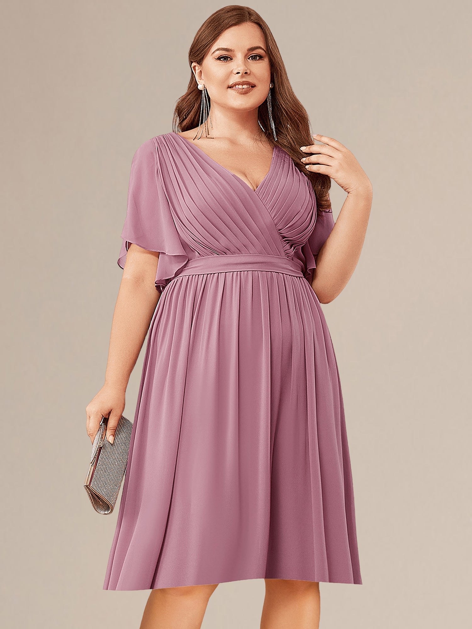 Robe d'invité de mariage trapèze en mousseline fluide à encolure ronde et longueur au genou #Couleur_Rose