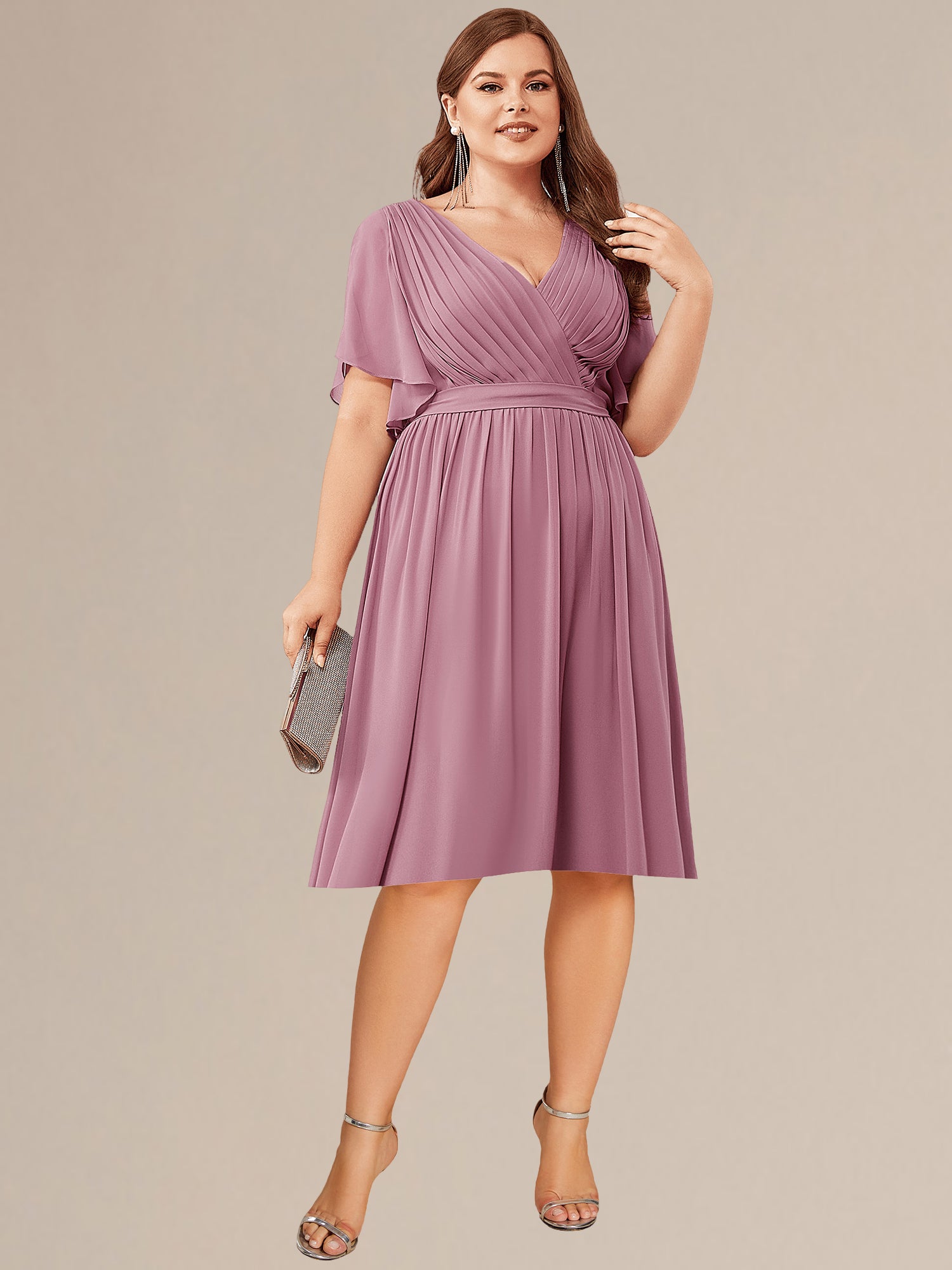 Robe d'invité de mariage trapèze en mousseline fluide à encolure ronde et longueur au genou #Couleur_Rose