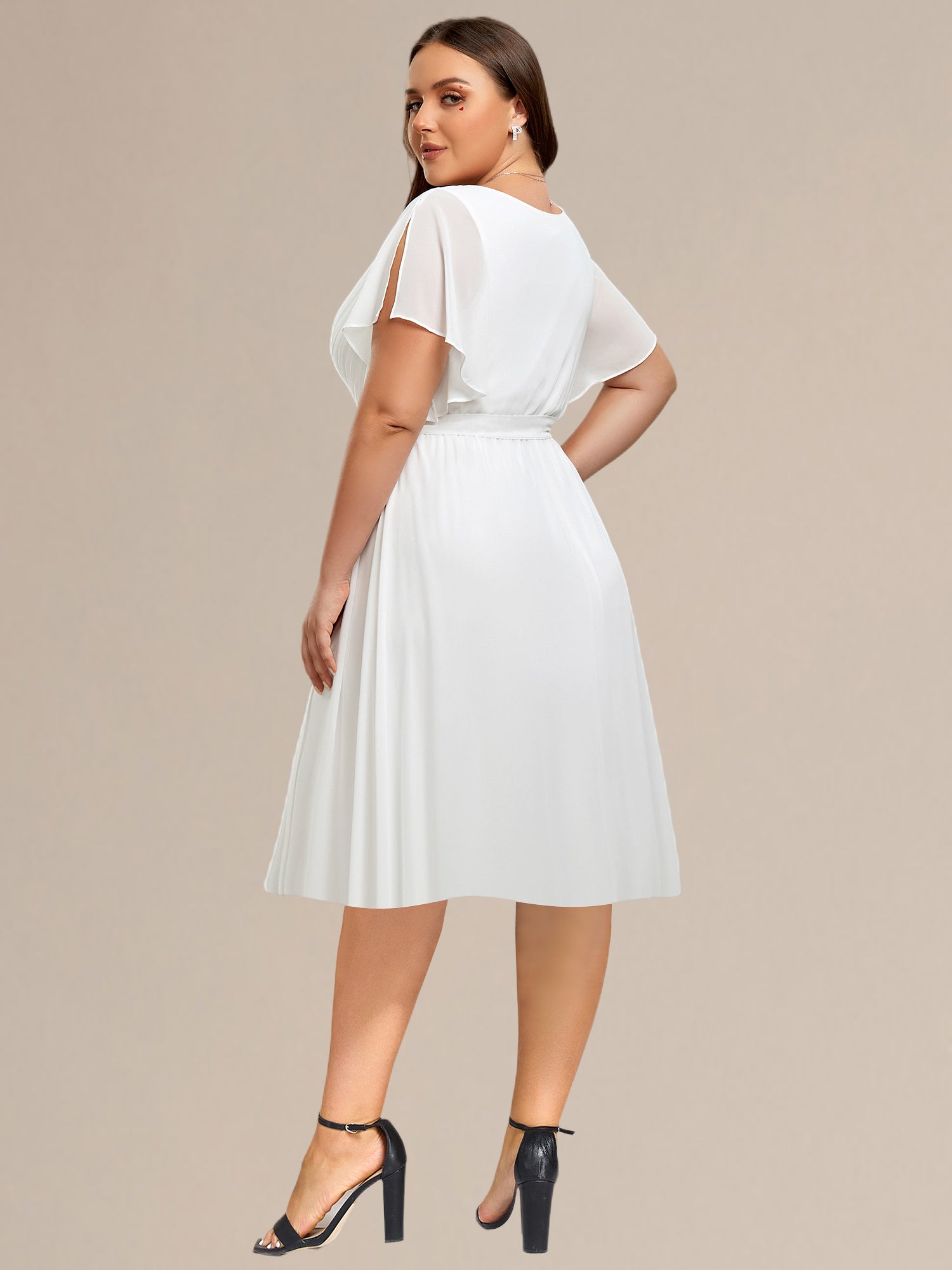 Robe d'invité de mariage trapèze en mousseline fluide à encolure ronde et longueur au genou #Couleur_Bleu Sarcelle