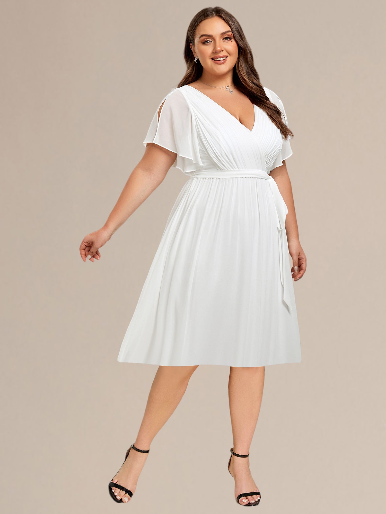 Robe d'invité de mariage trapèze en mousseline fluide à encolure ronde et longueur au genou #Couleur_Bleu Sarcelle