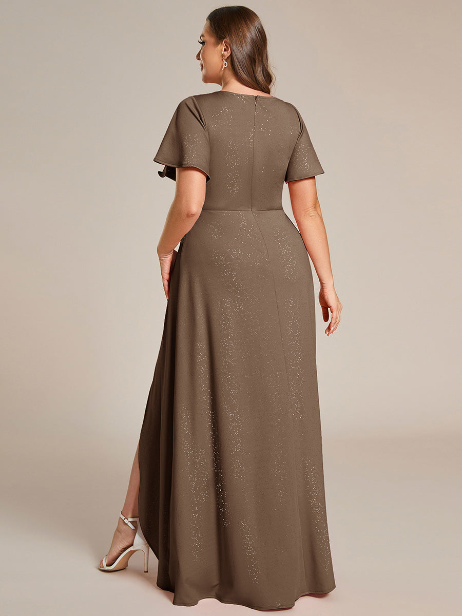 Robe de Soirée élégante à paillettes décolleté en V profond fente sur le devant #Couleur_Café