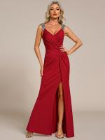 Robe de soirée élégante à paillettes et col en V#Couleur_Rouge