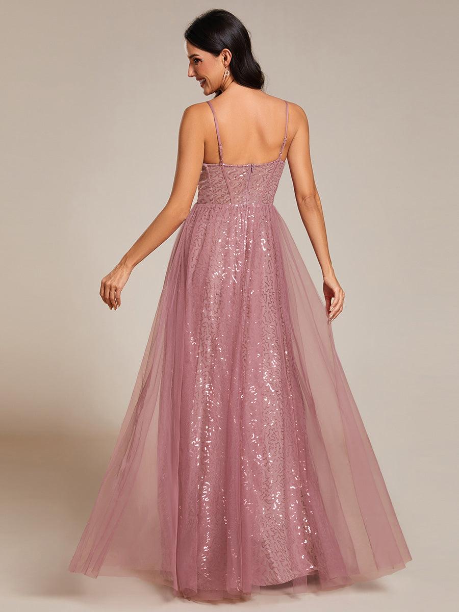 Robe de soirée trapèze à paillettes bretelles spaghetti sans manches avec couverture en tulle #Couleur_Orchidee