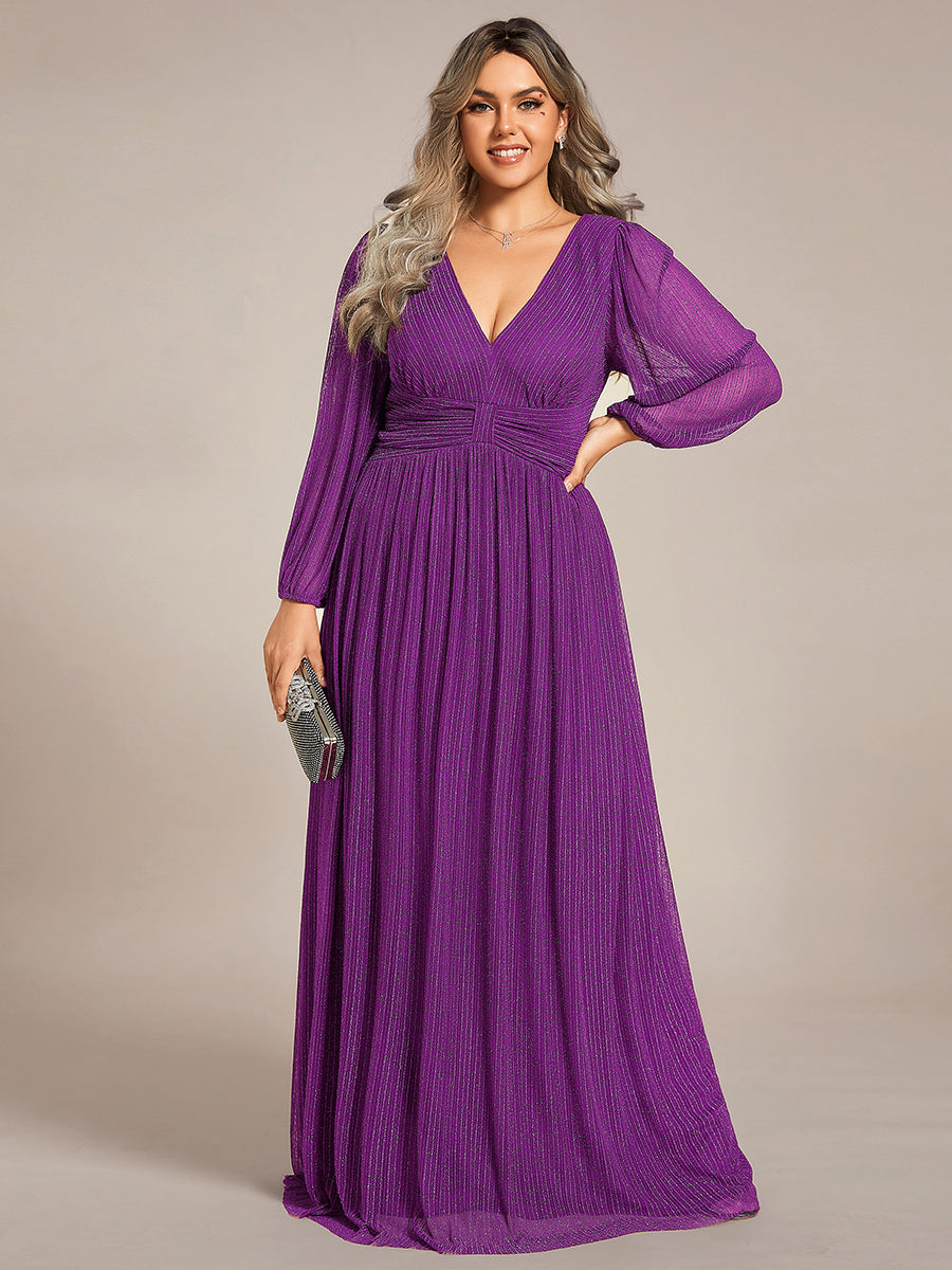 Robe de soirée trapèze à manches longues et taille empire scintillante #Couleur_Raisin pétillant