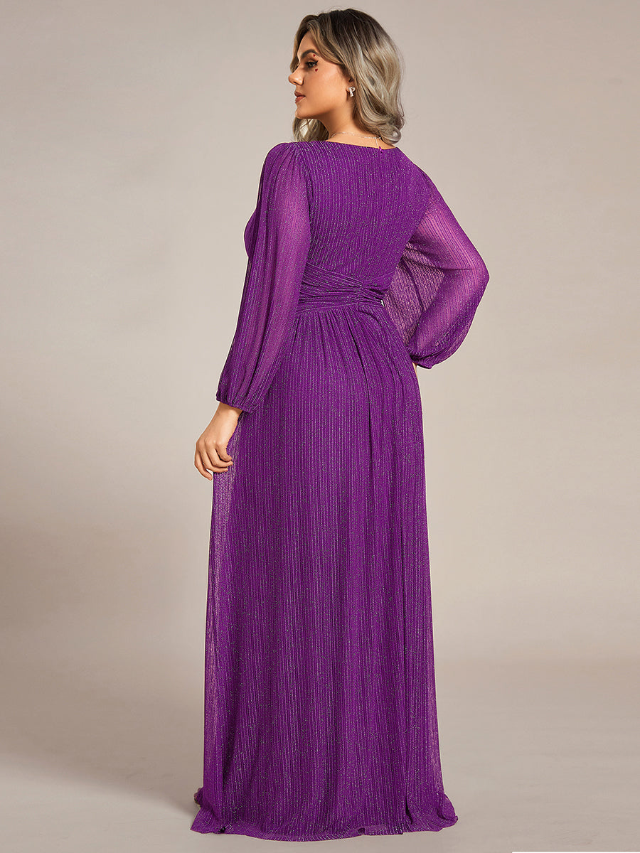 Robe de soirée trapèze à manches longues et taille empire scintillante #Couleur_Raisin pétillant