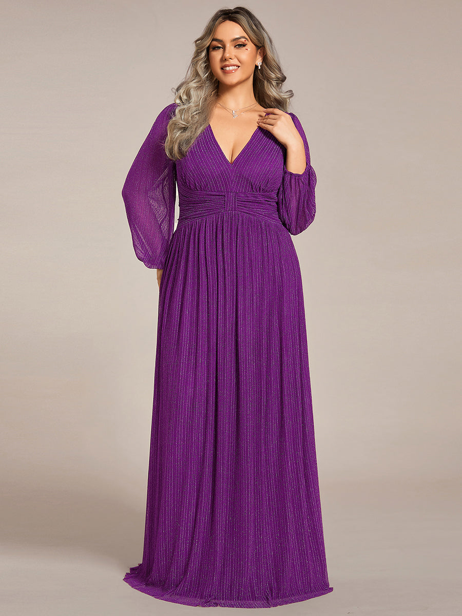 Robe de soirée trapèze à manches longues et taille empire scintillante #Couleur_Raisin pétillant