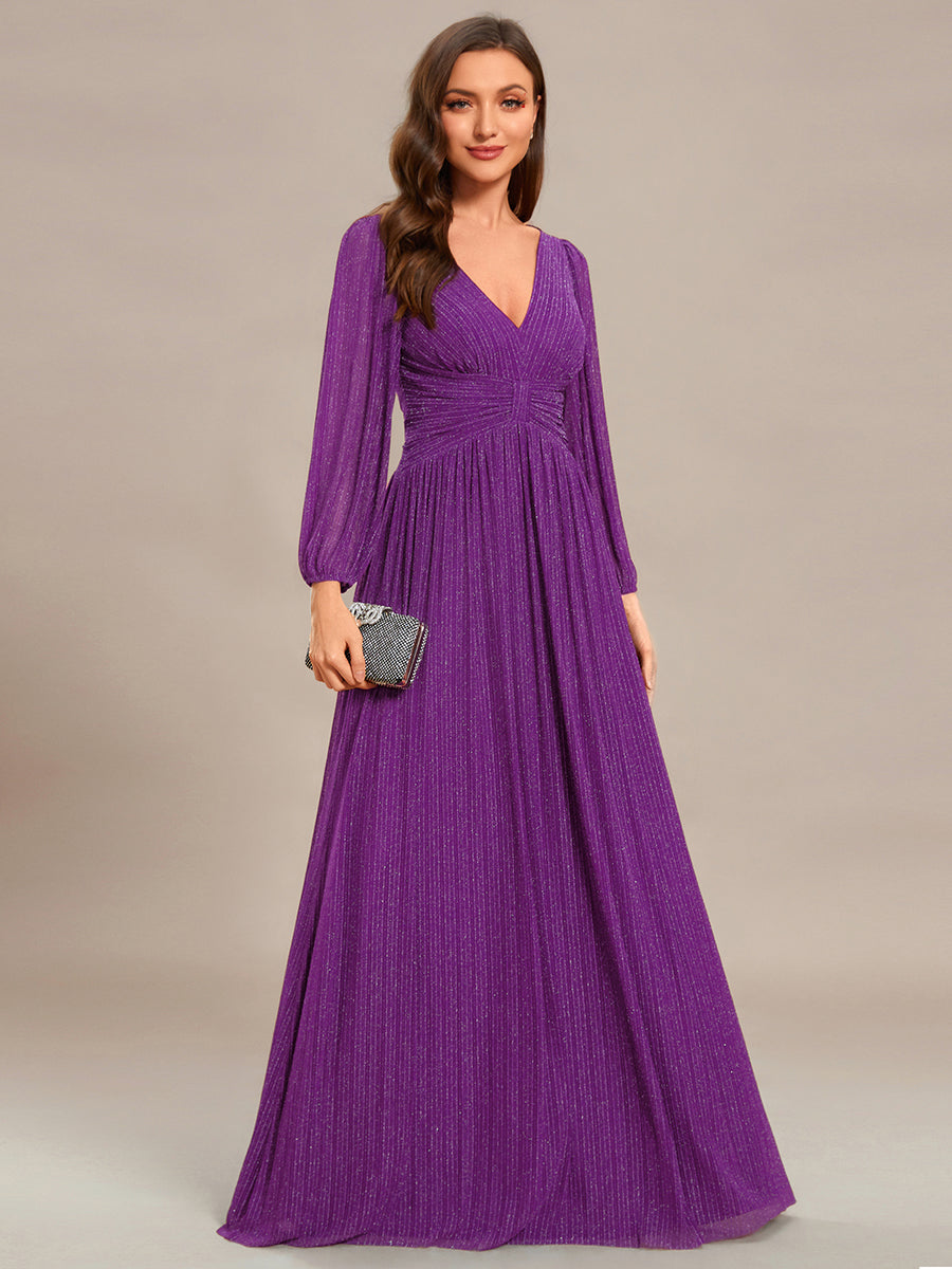 Robe de soirée trapèze à manches longues et taille empire scintillante #Couleur_Raisin pétillant