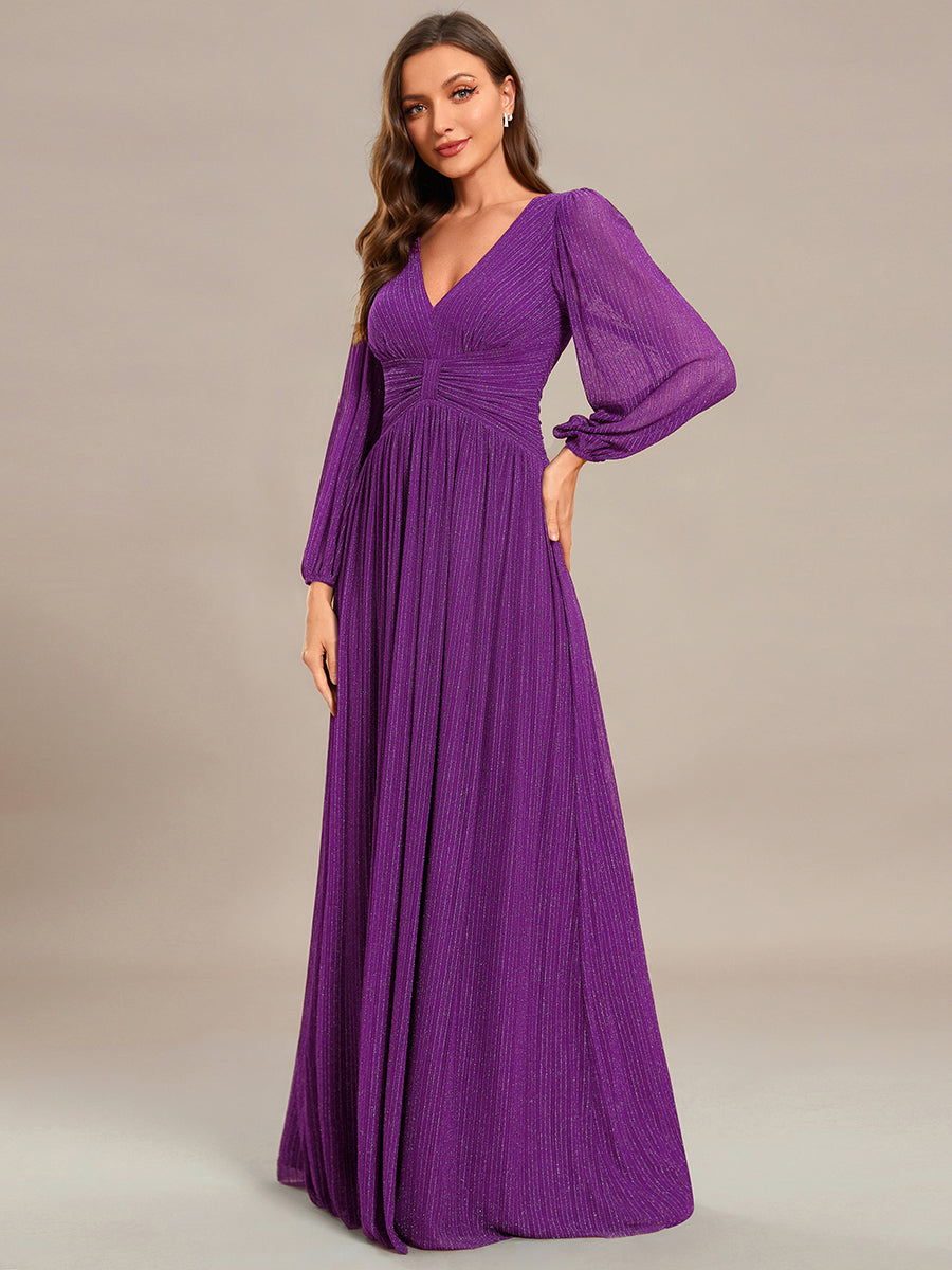 Robe de soirée trapèze à manches longues et taille empire scintillante #Couleur_Raisin pétillant