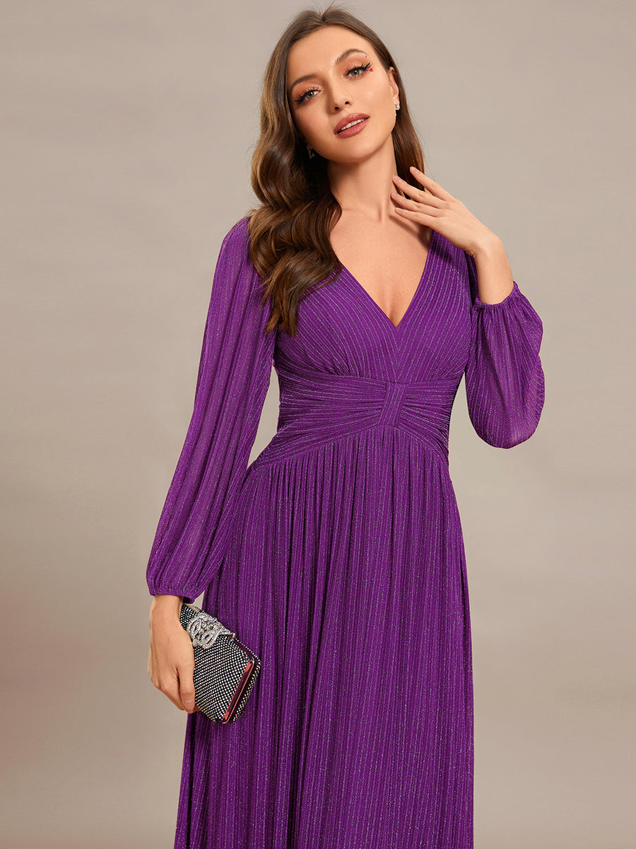 Robe de soirée trapèze à manches longues et taille empire scintillante #Couleur_Raisin pétillant